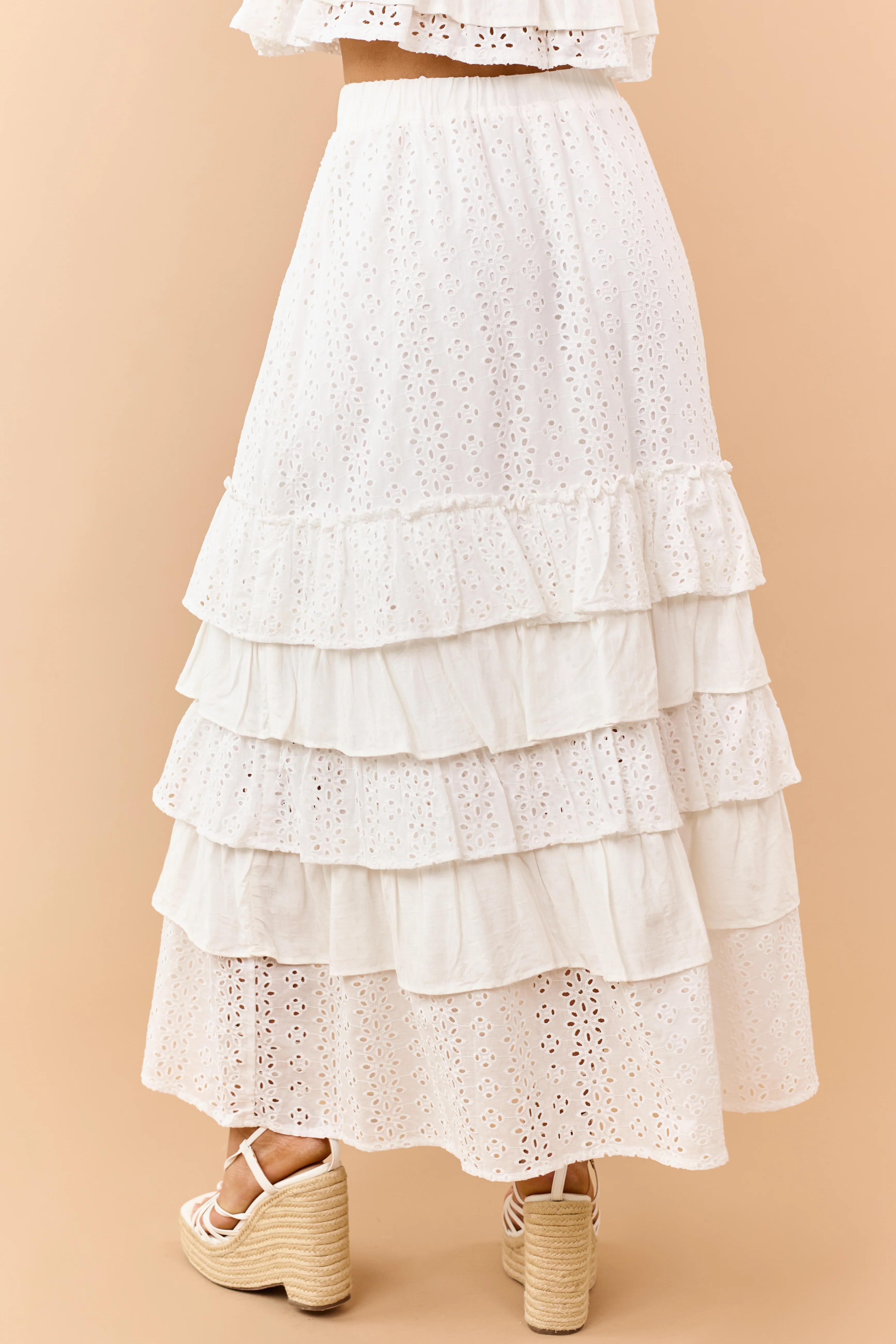 Off White Eyelet Lace Ruffle Tiered Maxi Skirt - Image 4