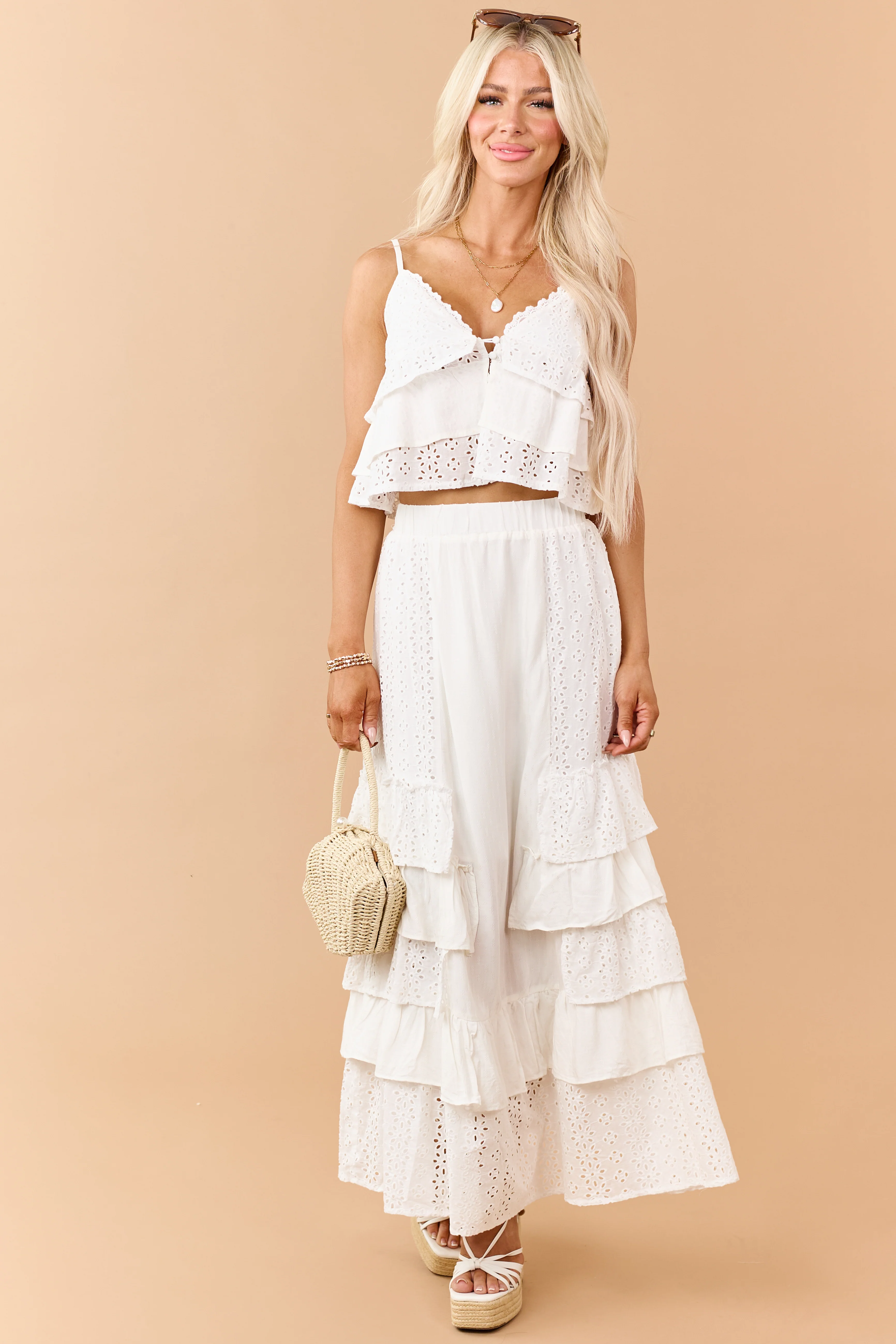 Off White Eyelet Lace Ruffle Tiered Maxi Skirt - Image 5