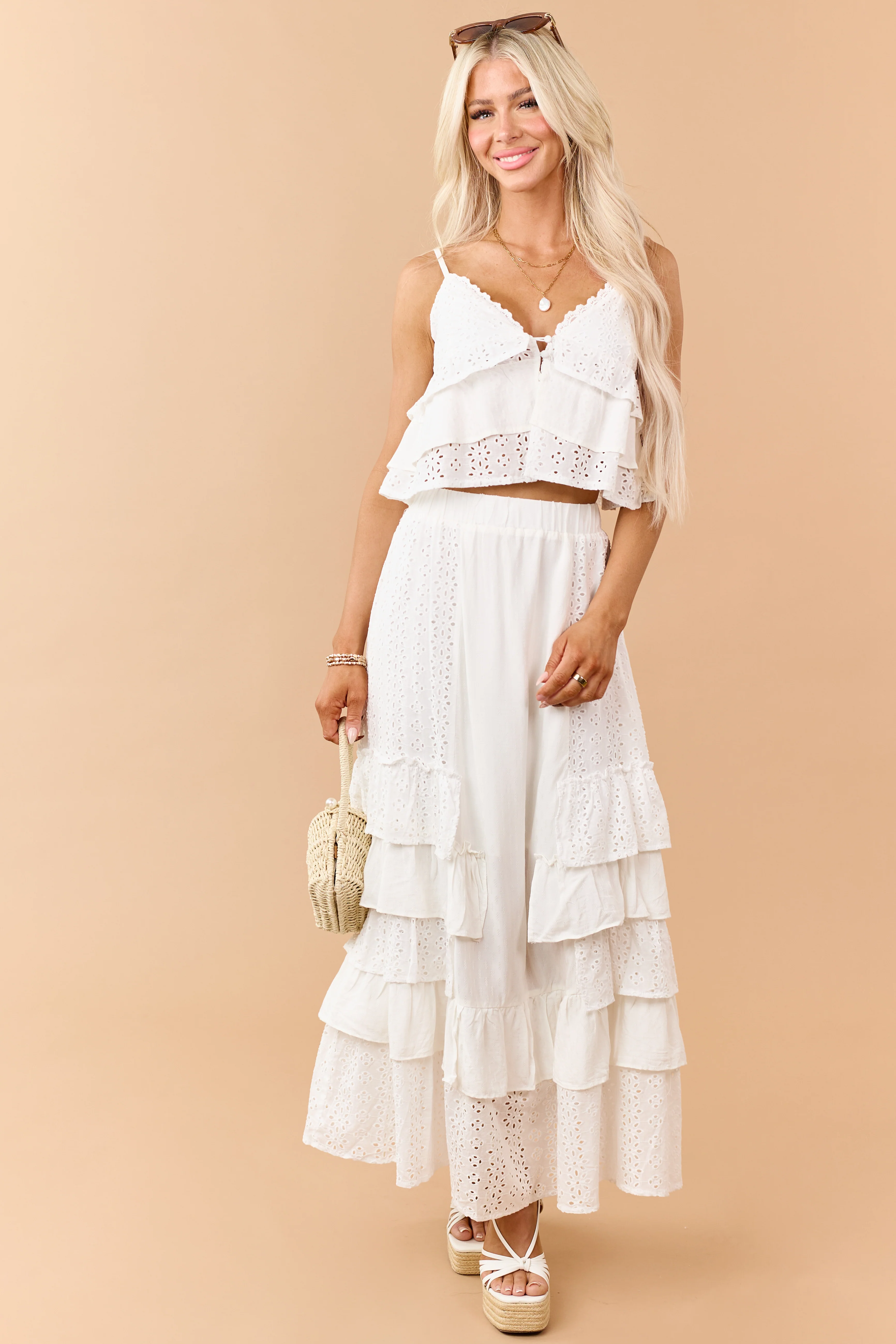 Off White Eyelet Lace Ruffle Tiered Maxi Skirt - Image 6