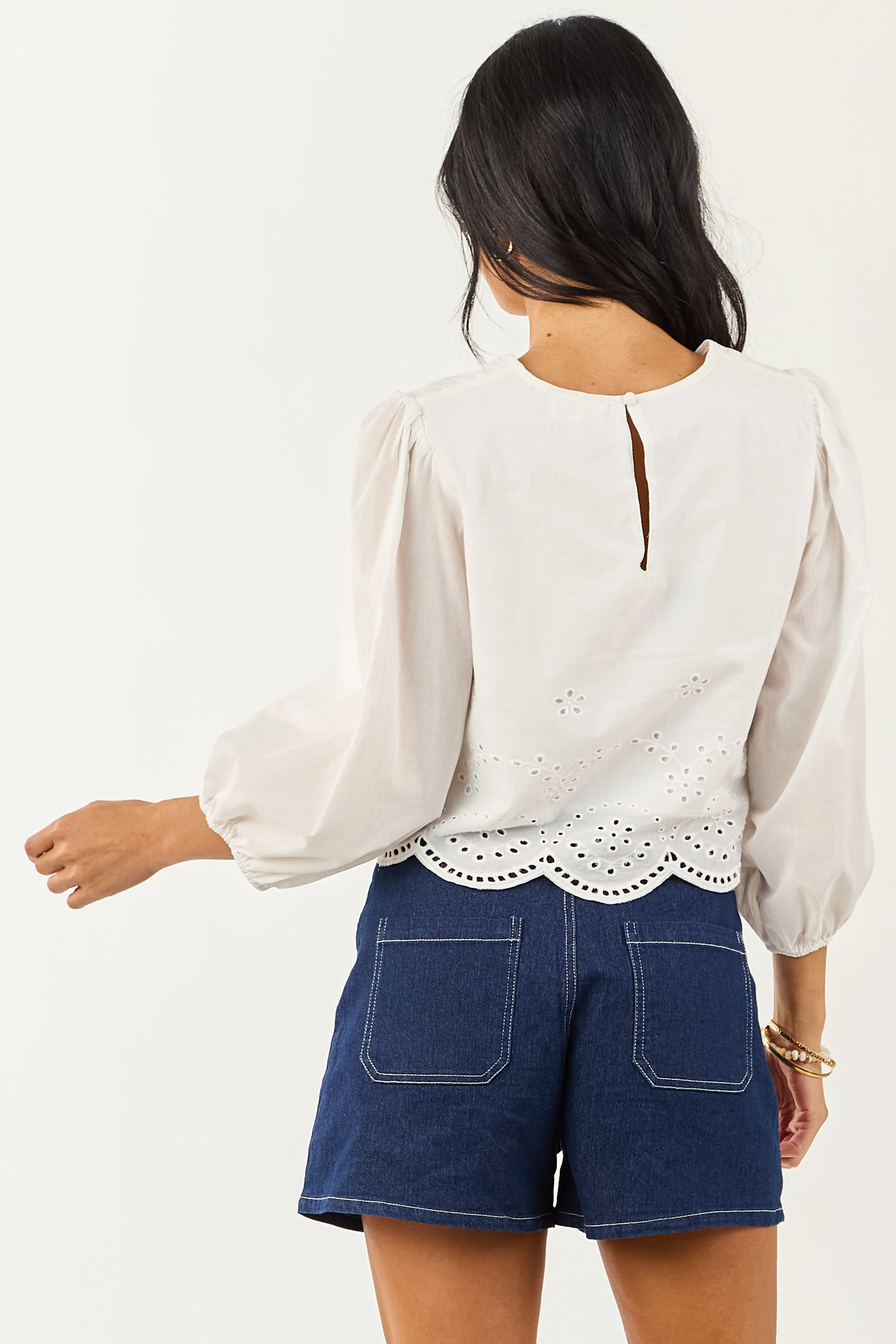 Off White Eyelet Long Sleeve Cotton Crop Top - Image 5
