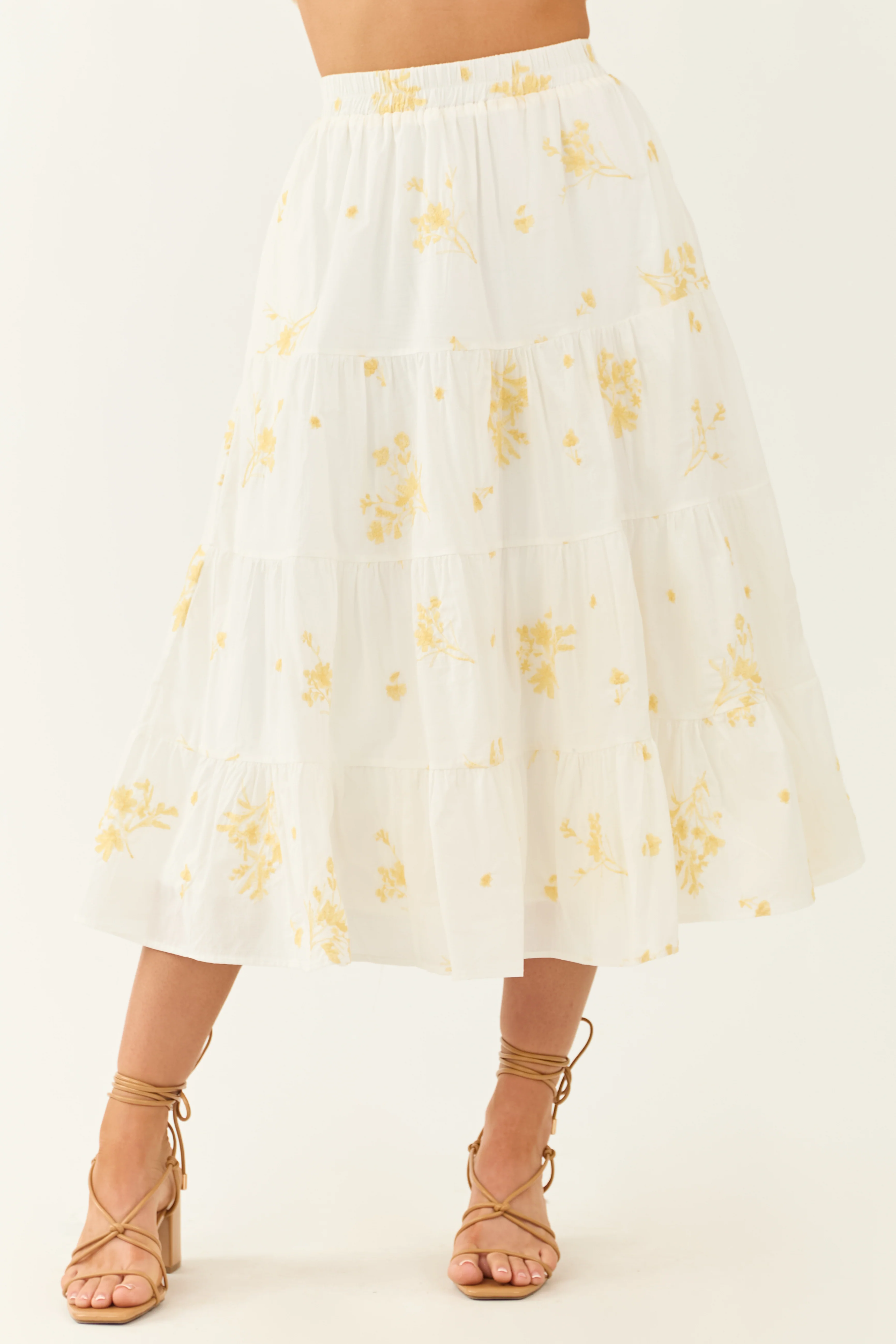 Off White Floral Embroidered Tiered Midi Skirt - Image 2