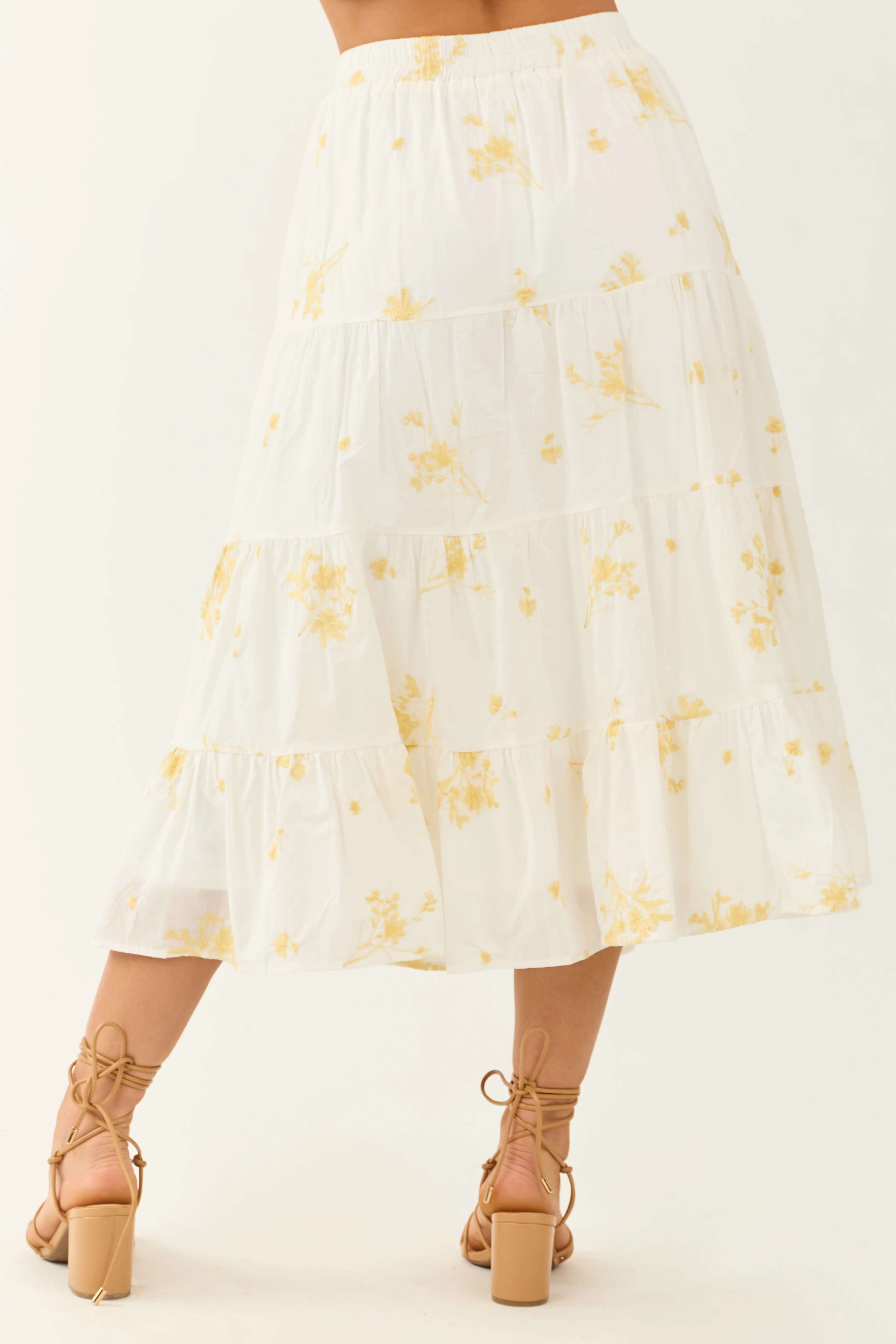 Off White Floral Embroidered Tiered Midi Skirt - Image 4