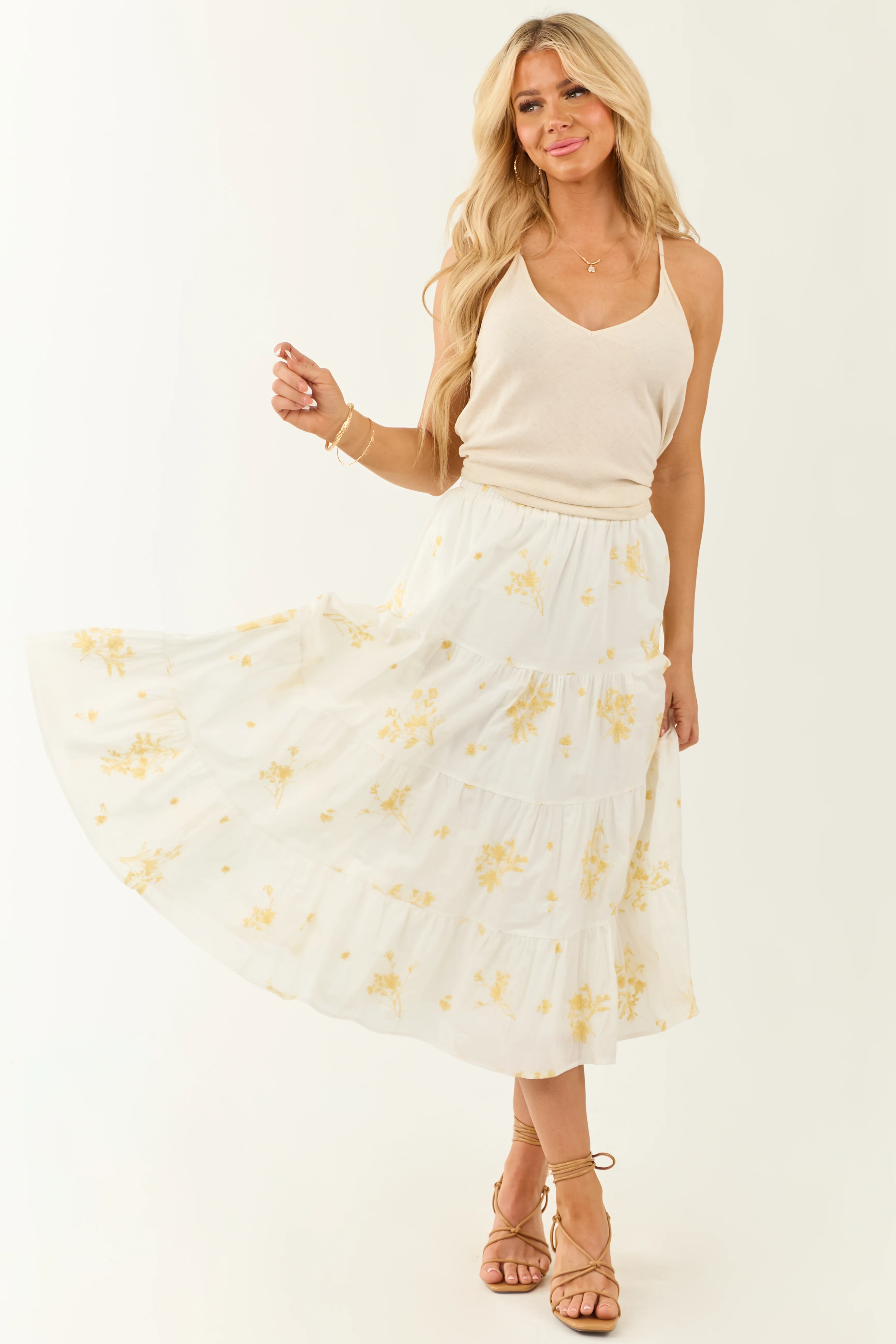 Off White Floral Embroidered Tiered Midi Skirt - Image 6