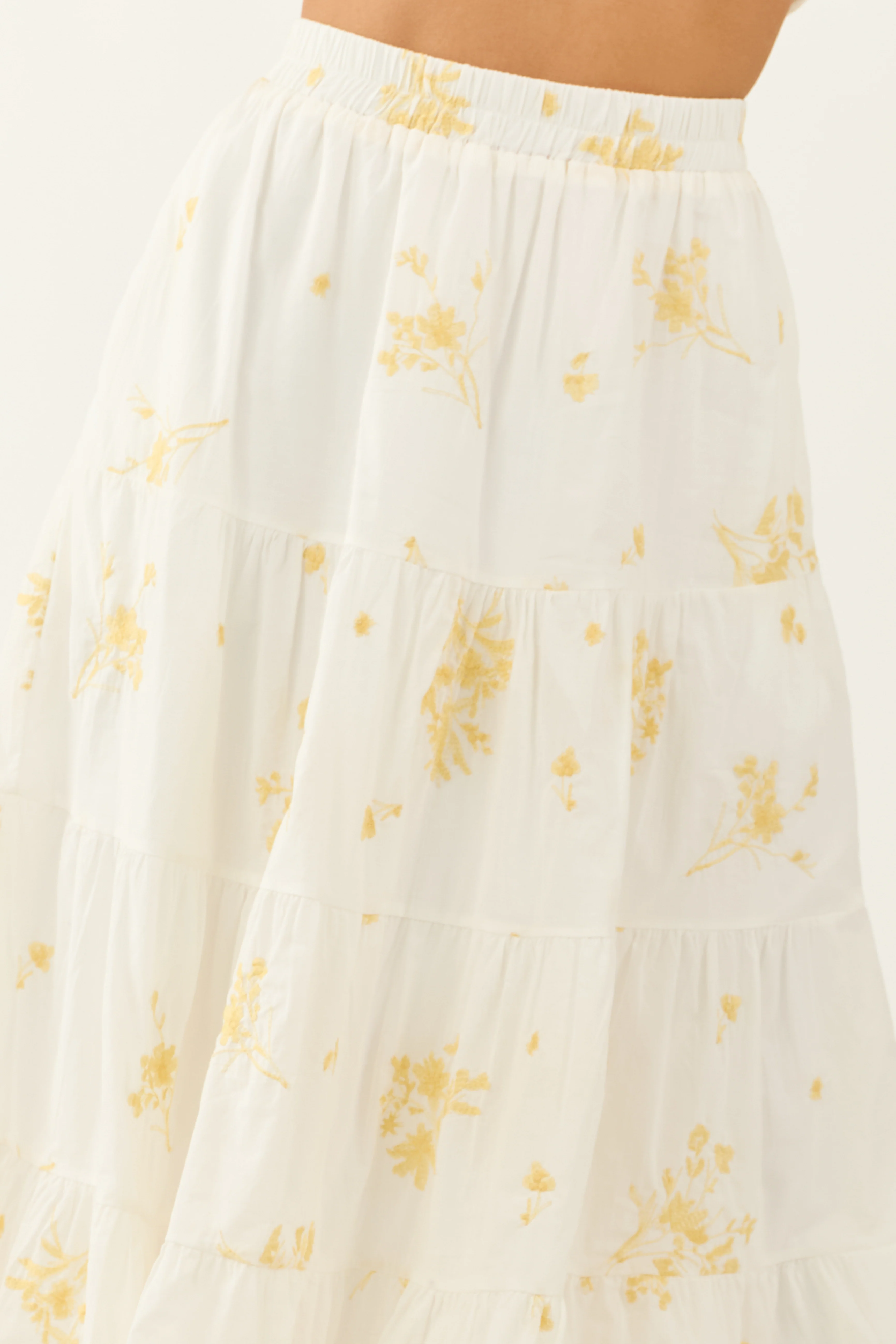 Off White Floral Embroidered Tiered Midi Skirt - Image 8