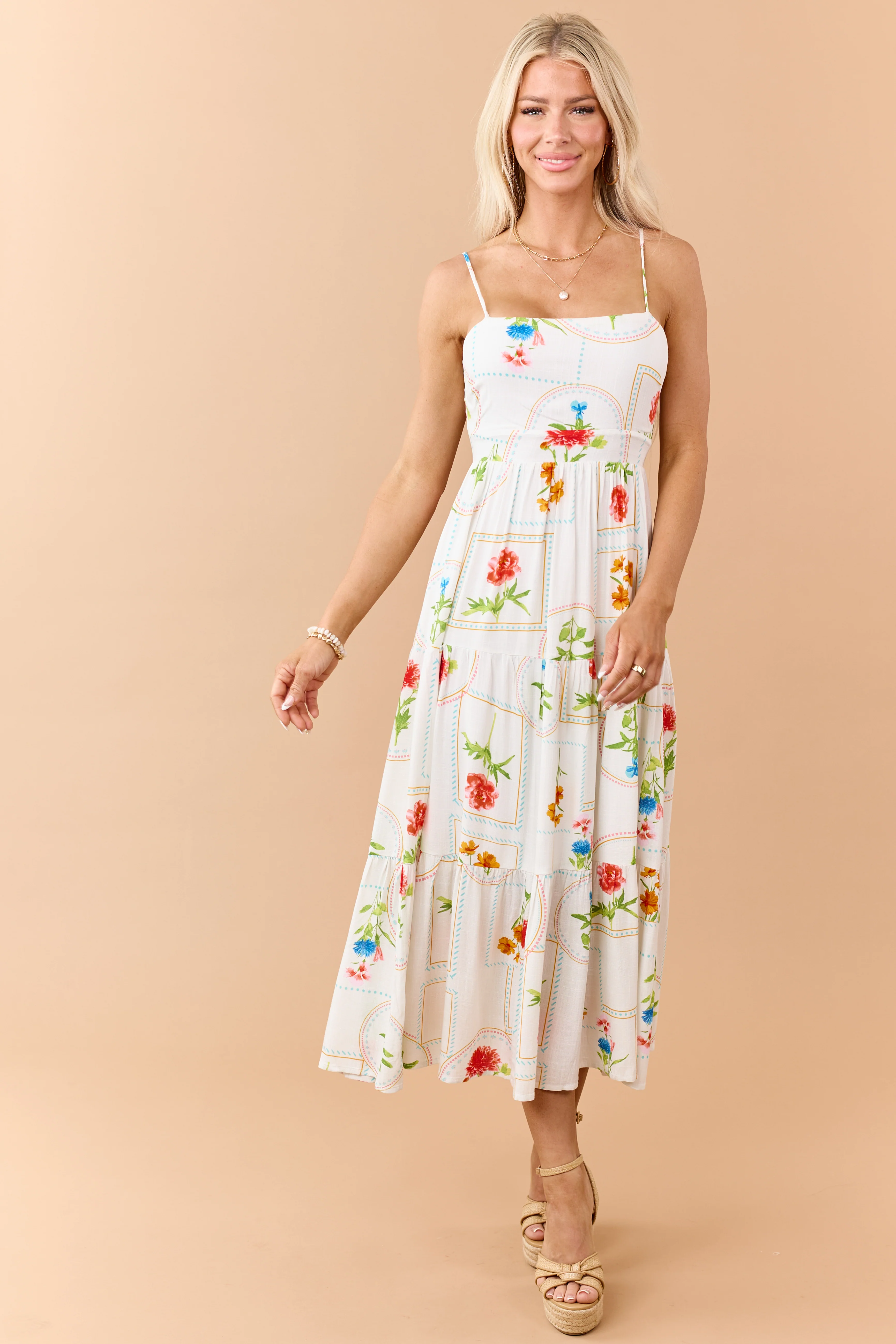 Off White Floral Print Open Back Maxi Dress - Image 3
