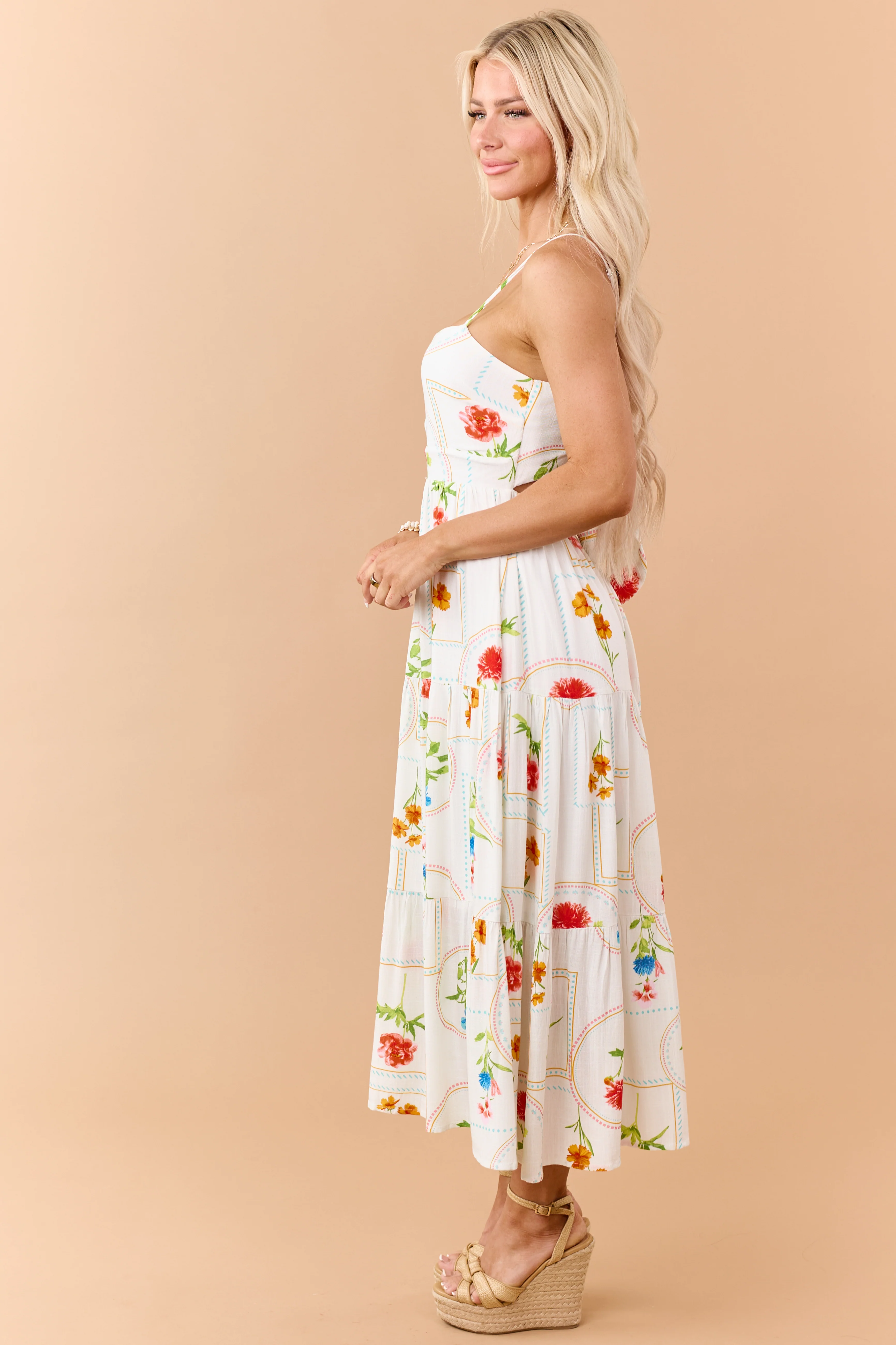 Off White Floral Print Open Back Maxi Dress - Image 4