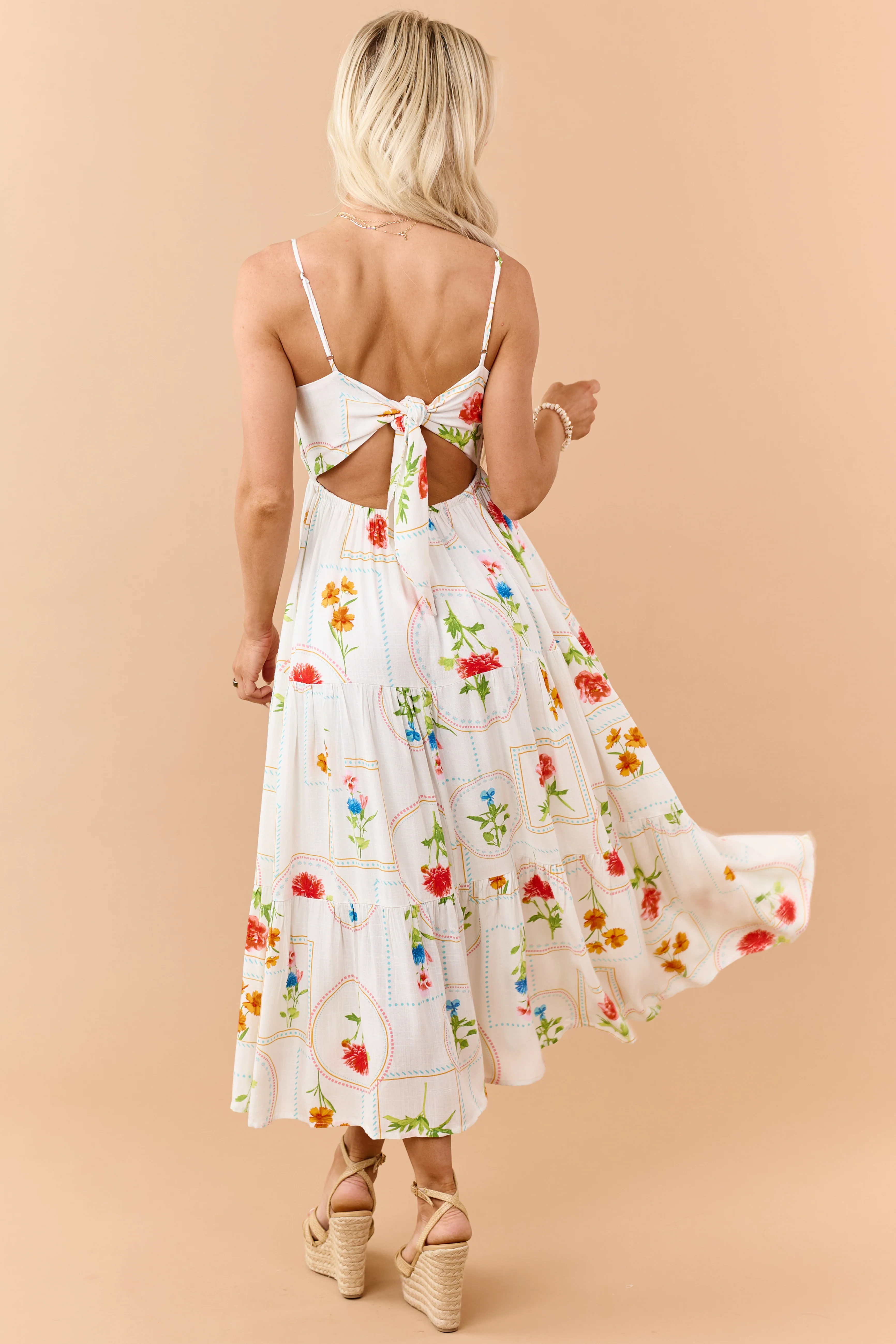 Off White Floral Print Open Back Maxi Dress - Image 5