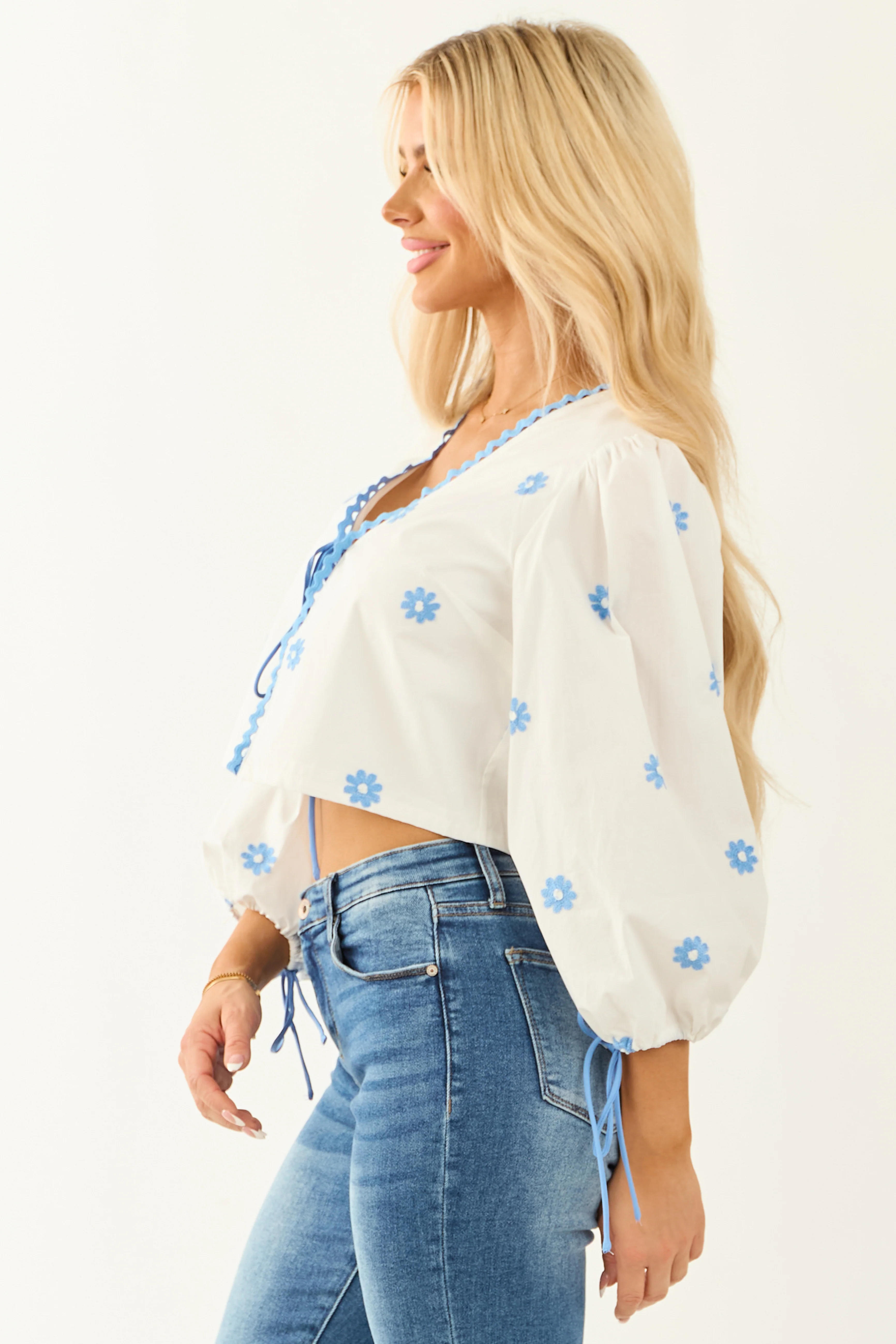 Off White Front Tie Long Sleeve Embroidered Blouse - Image 5