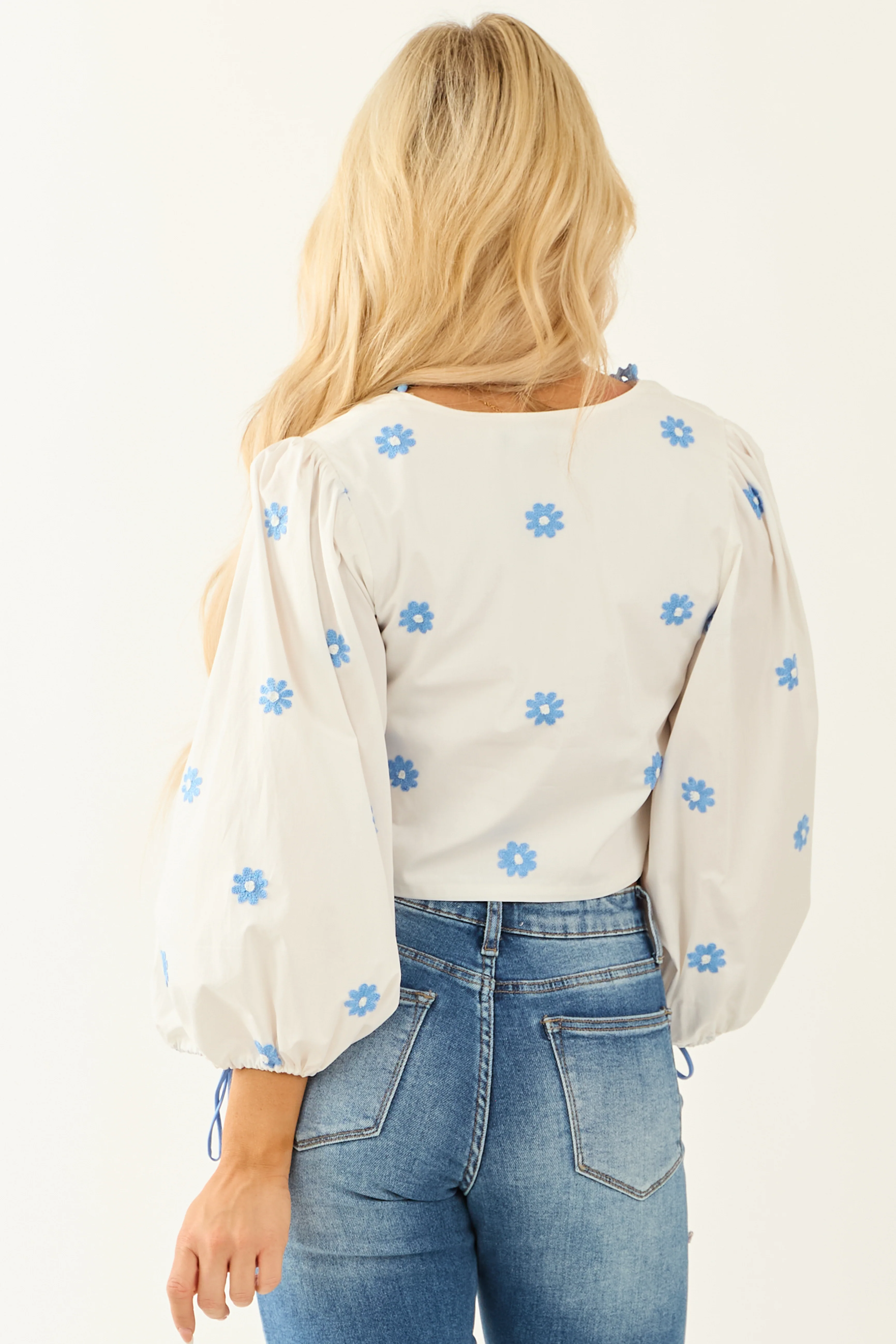 Off White Front Tie Long Sleeve Embroidered Blouse - Image 6