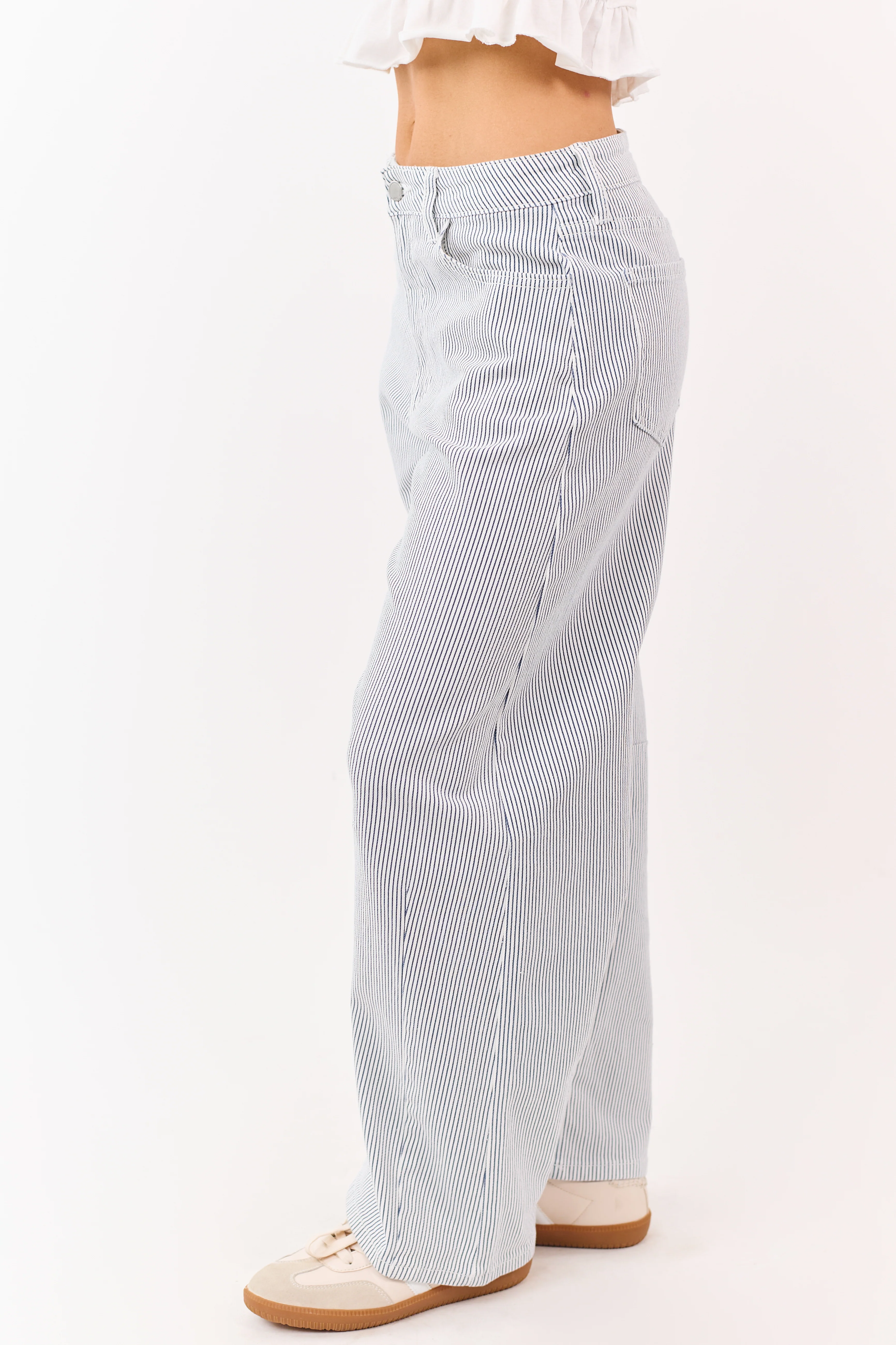 Off White High Rise Railroad Stripe Stretchy Barrel Jeans - Image 3