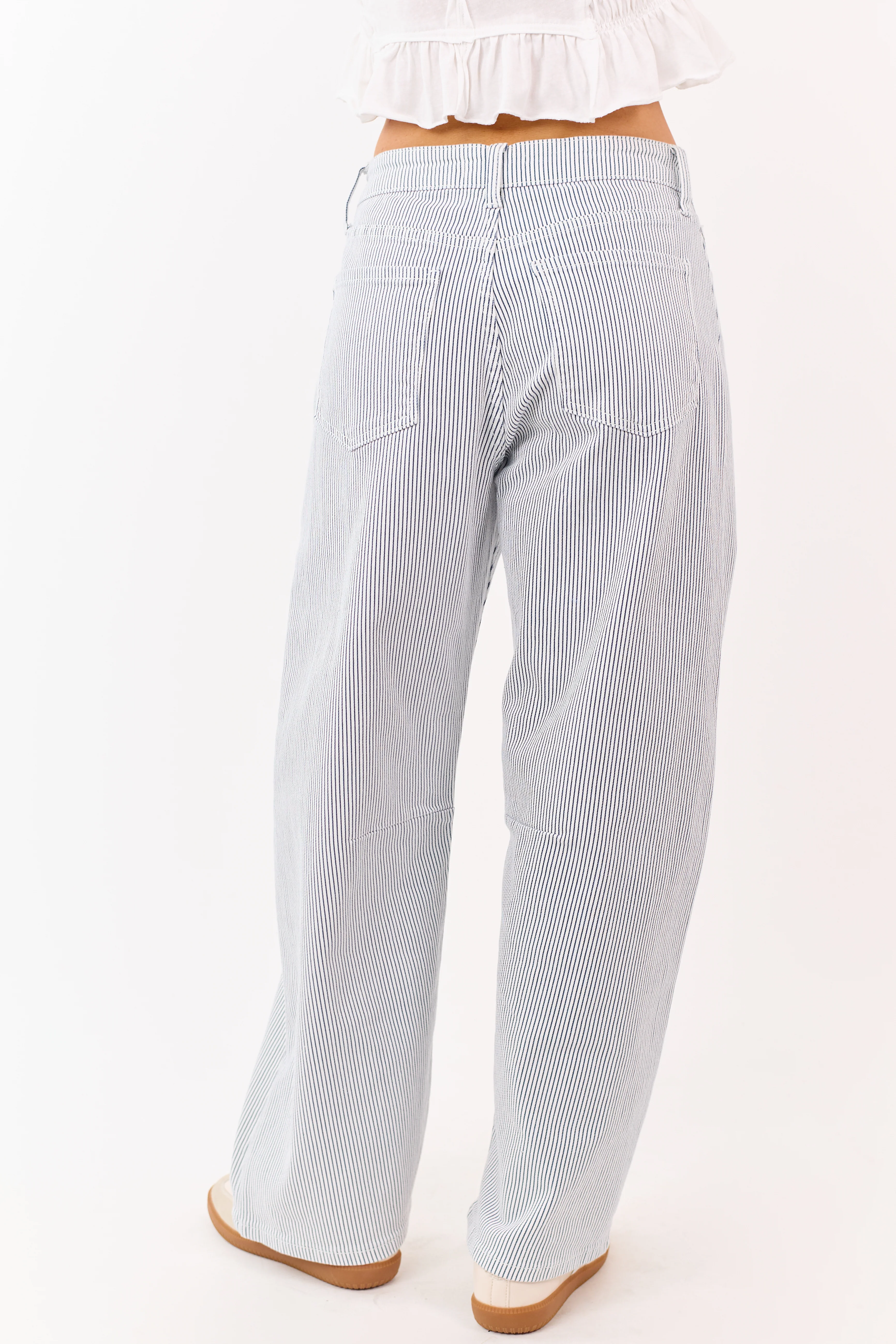 Off White High Rise Railroad Stripe Stretchy Barrel Jeans - Image 4