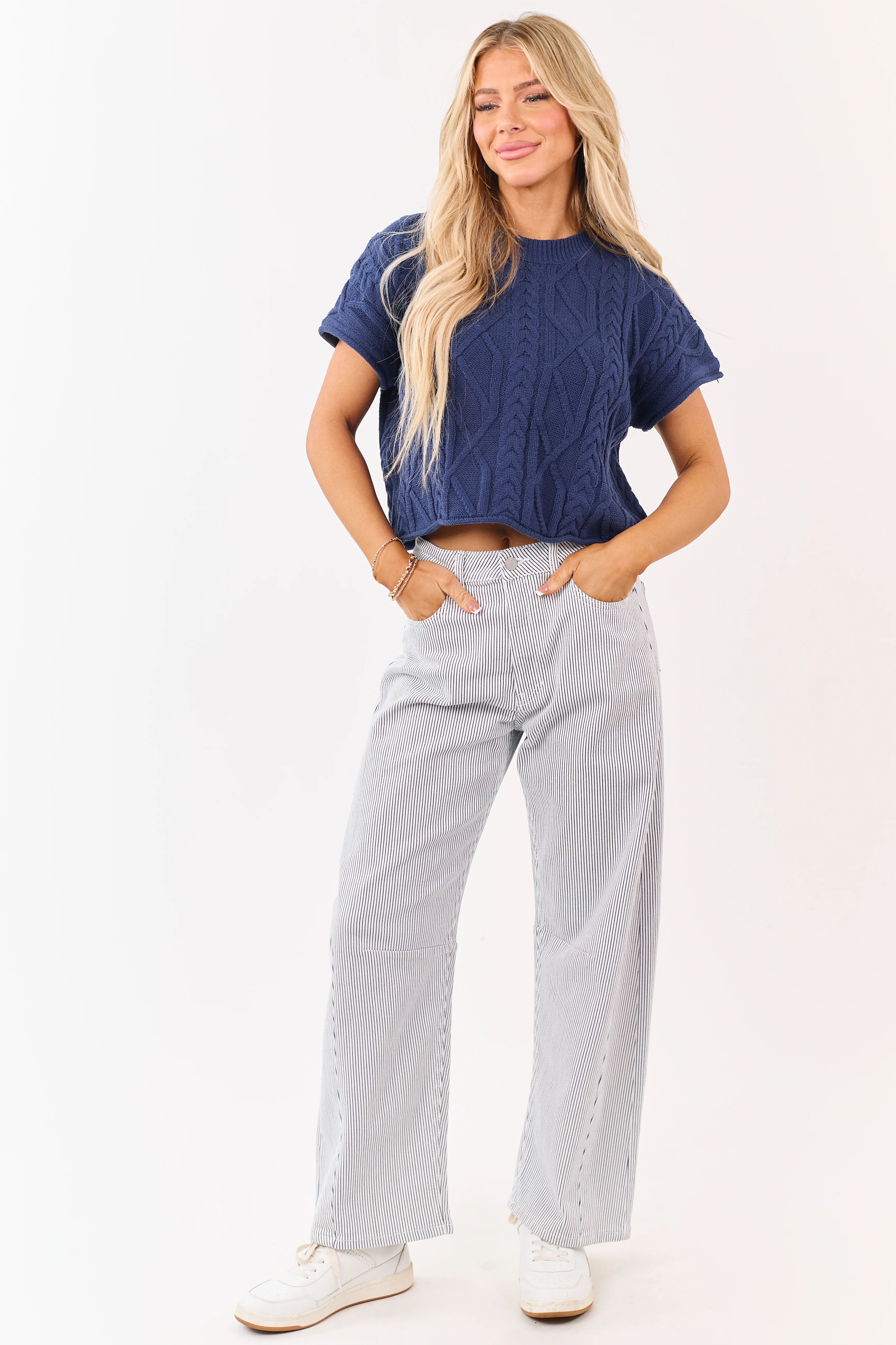 Off White High Rise Railroad Stripe Stretchy Barrel Jeans - Image 5