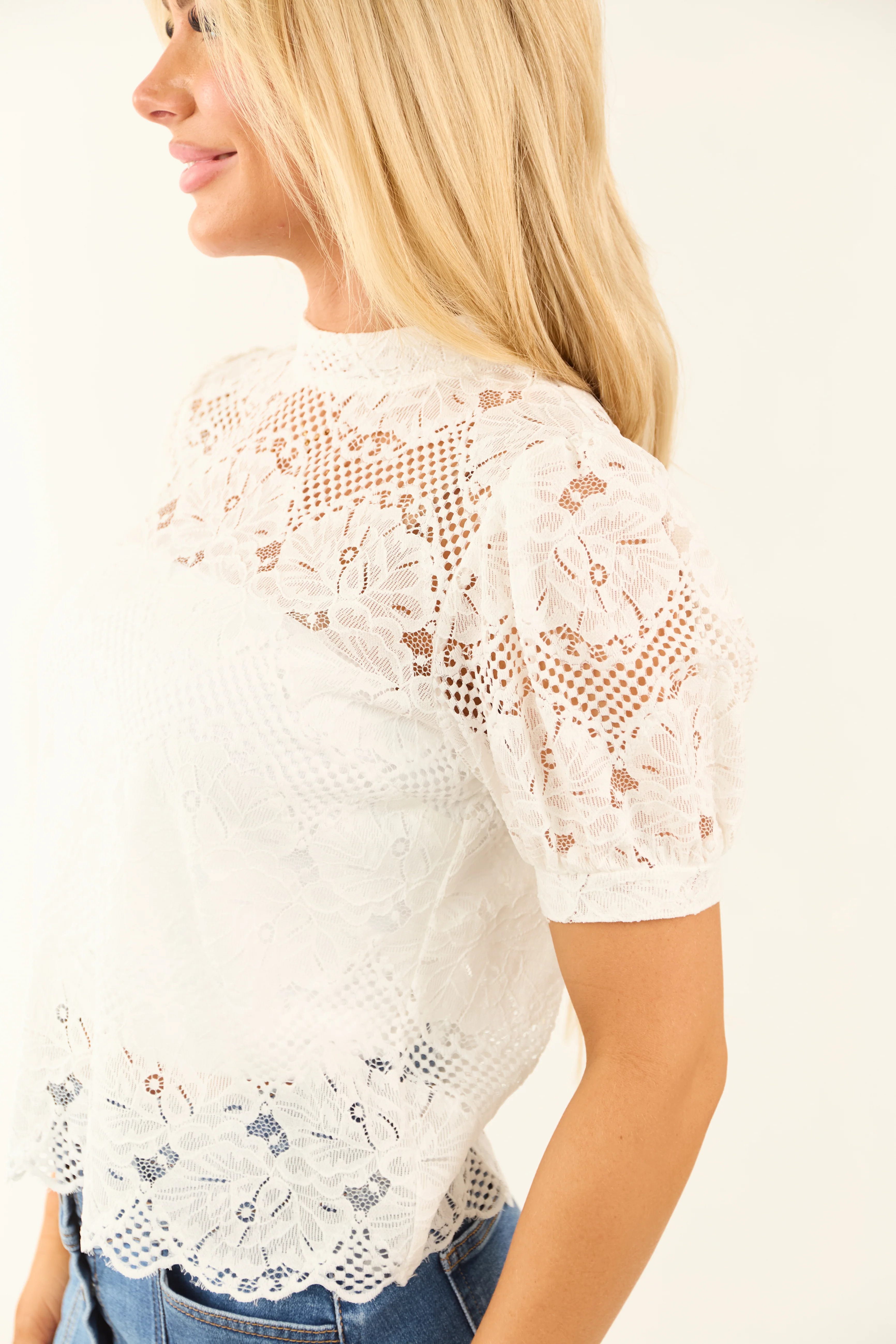 Off White Lace Short Puff Sleeve High Neck Top - Image 7