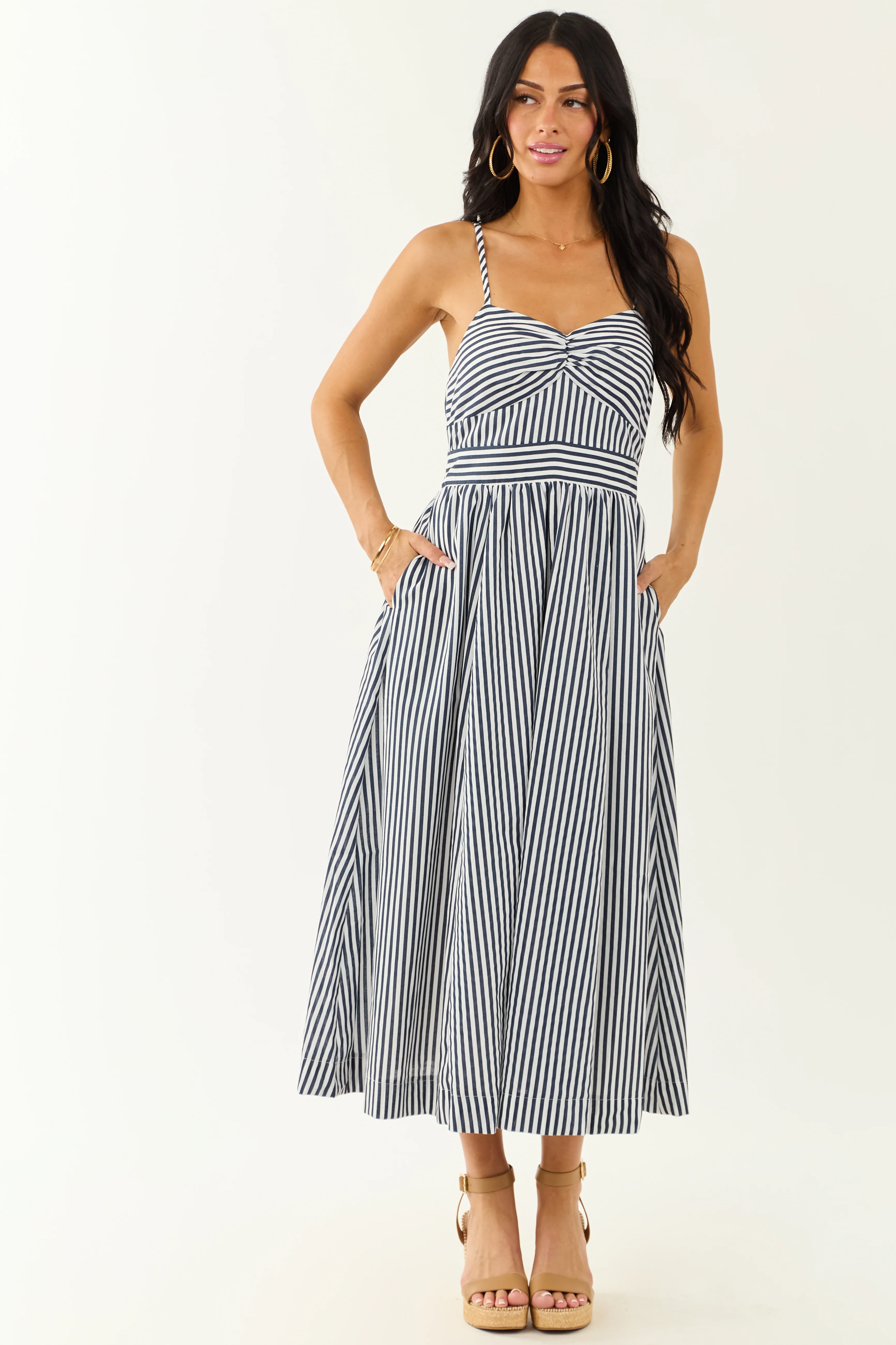 Off White and Navy Striped Sweetheart Midi Dress - Image 3