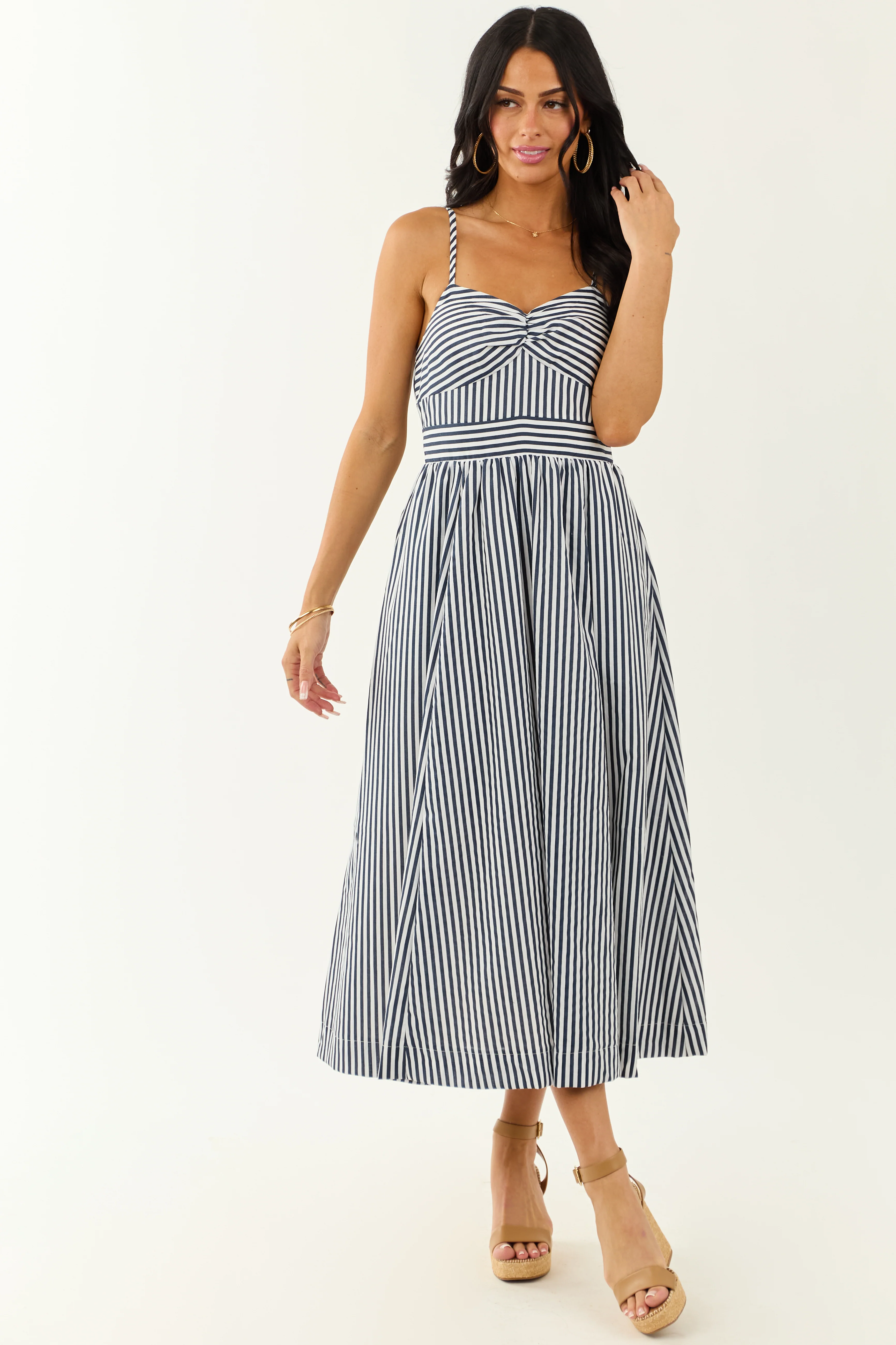 Off White and Navy Striped Sweetheart Midi Dress - Image 4