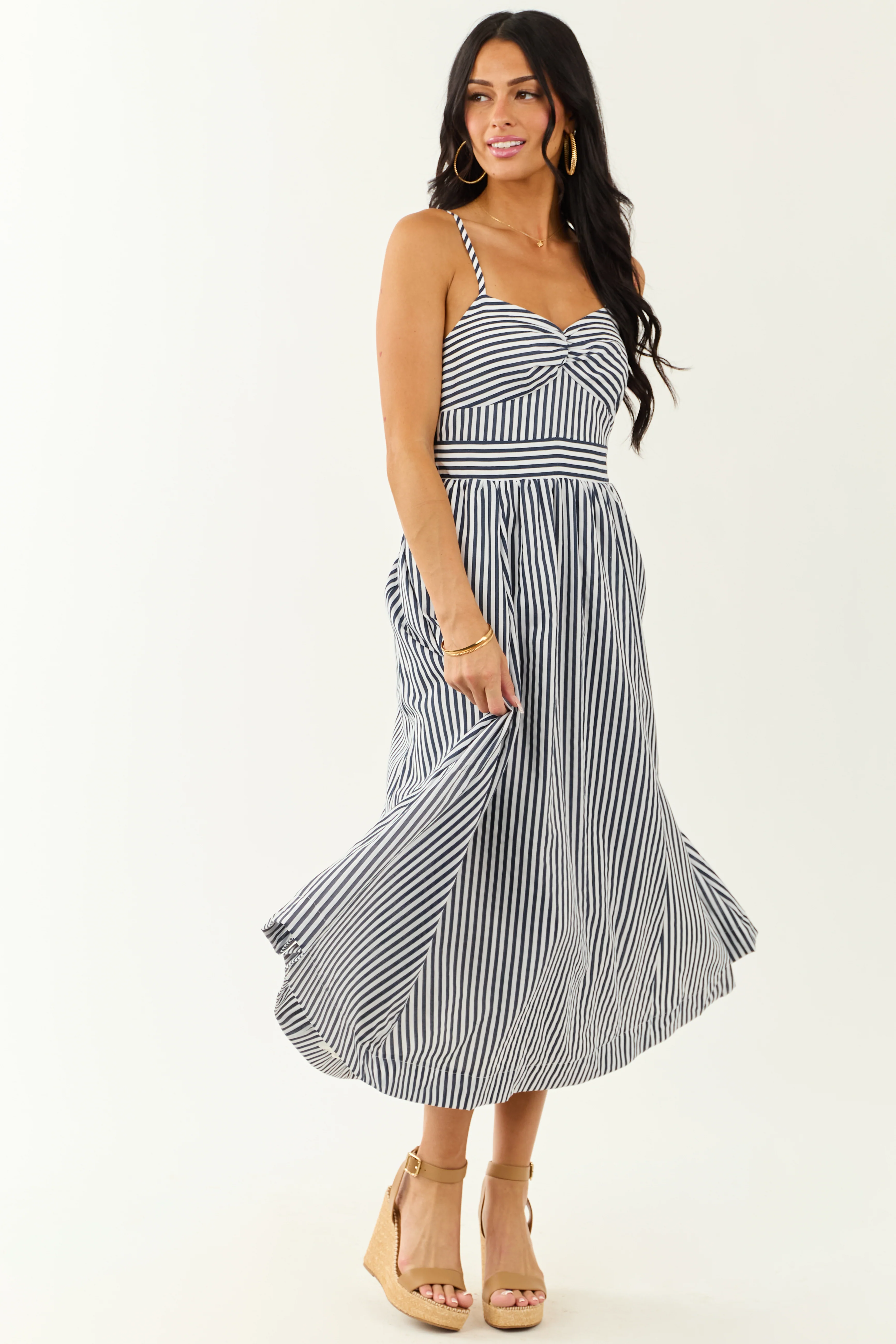Off White and Navy Striped Sweetheart Midi Dress - Image 5