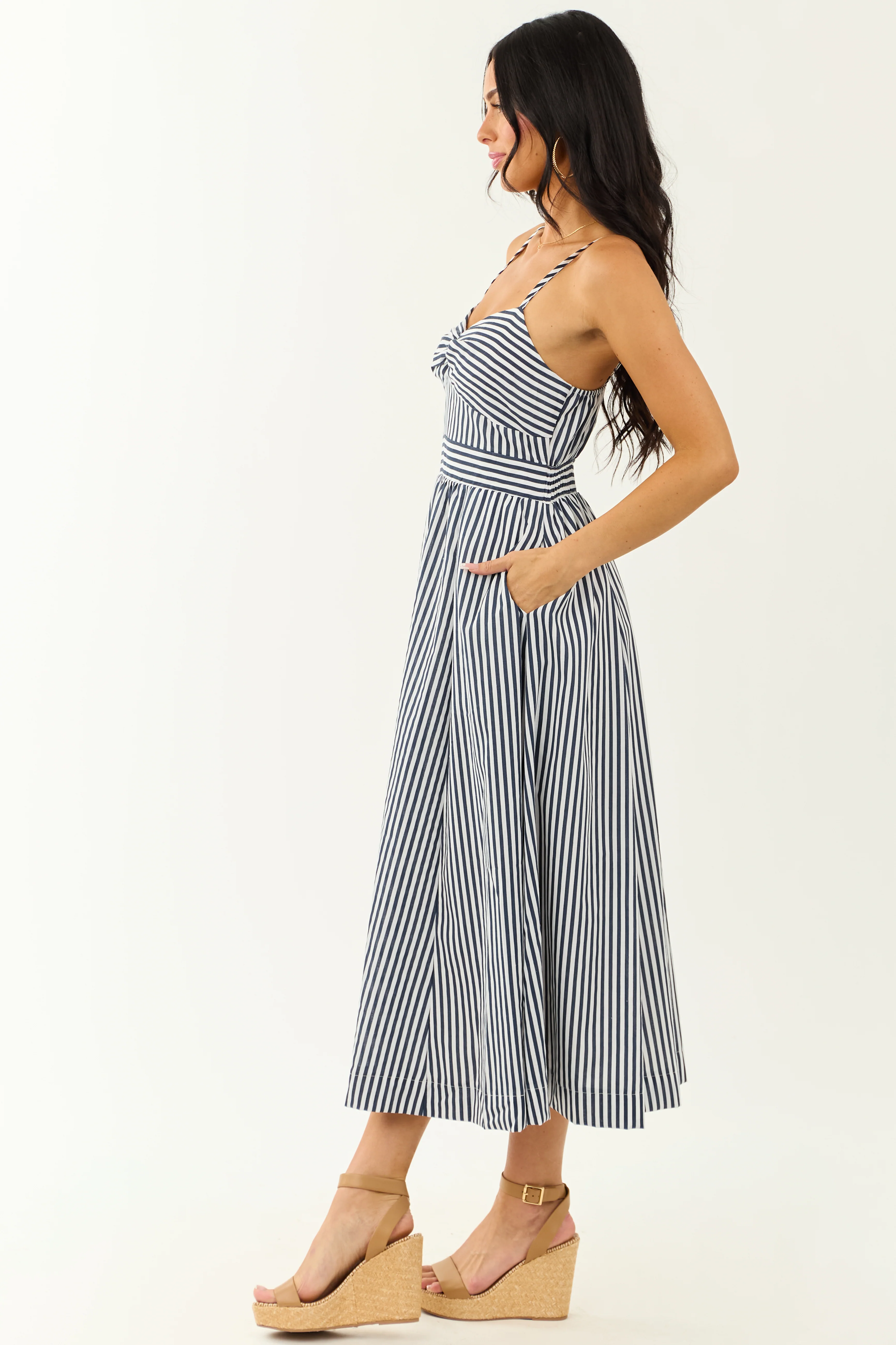 Off White and Navy Striped Sweetheart Midi Dress - Image 6