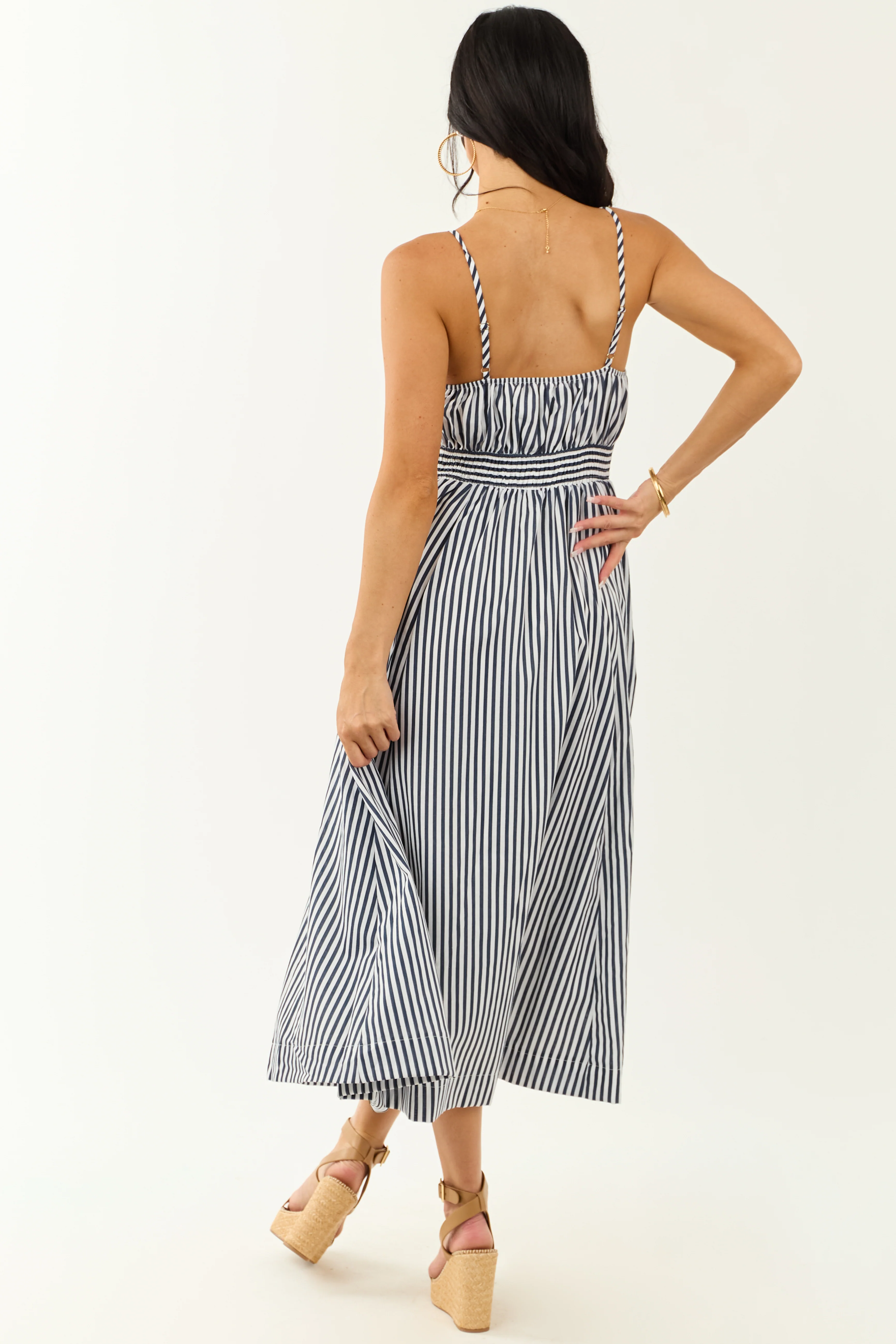 Off White and Navy Striped Sweetheart Midi Dress - Image 7