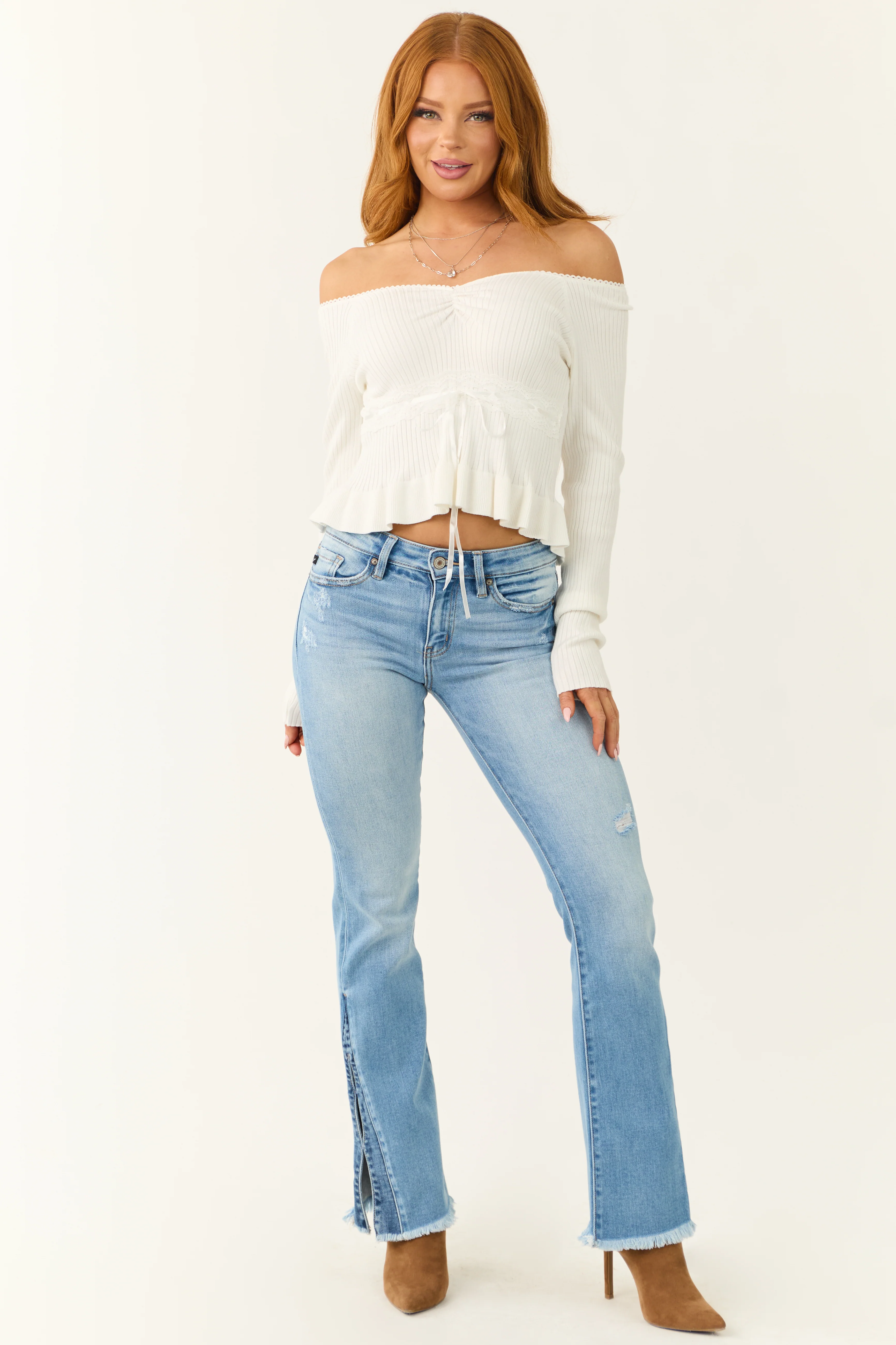 Off White Off the Shoulder Ribbon Detail Crop Top - Image 5