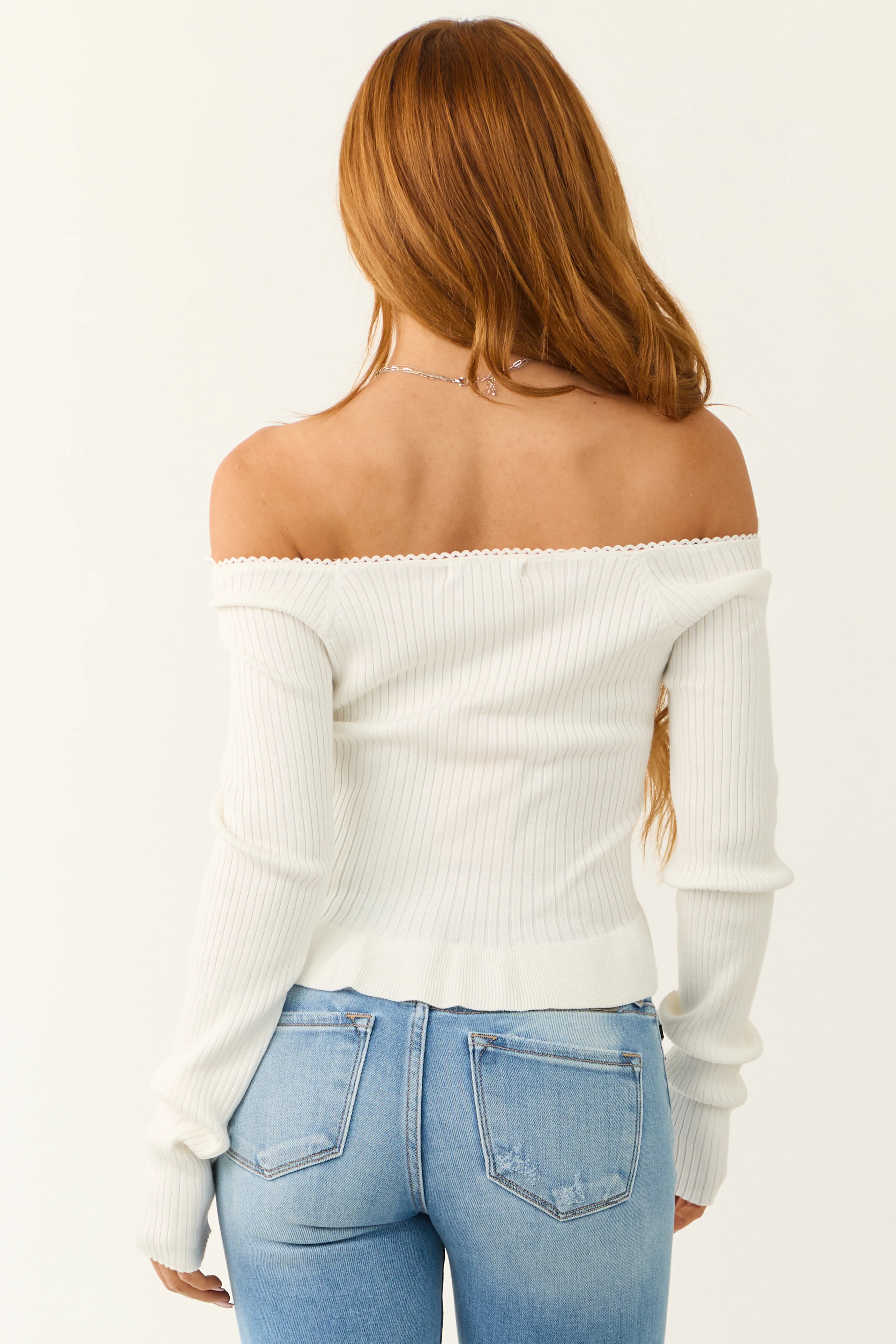 Off White Off the Shoulder Ribbon Detail Crop Top - Image 7