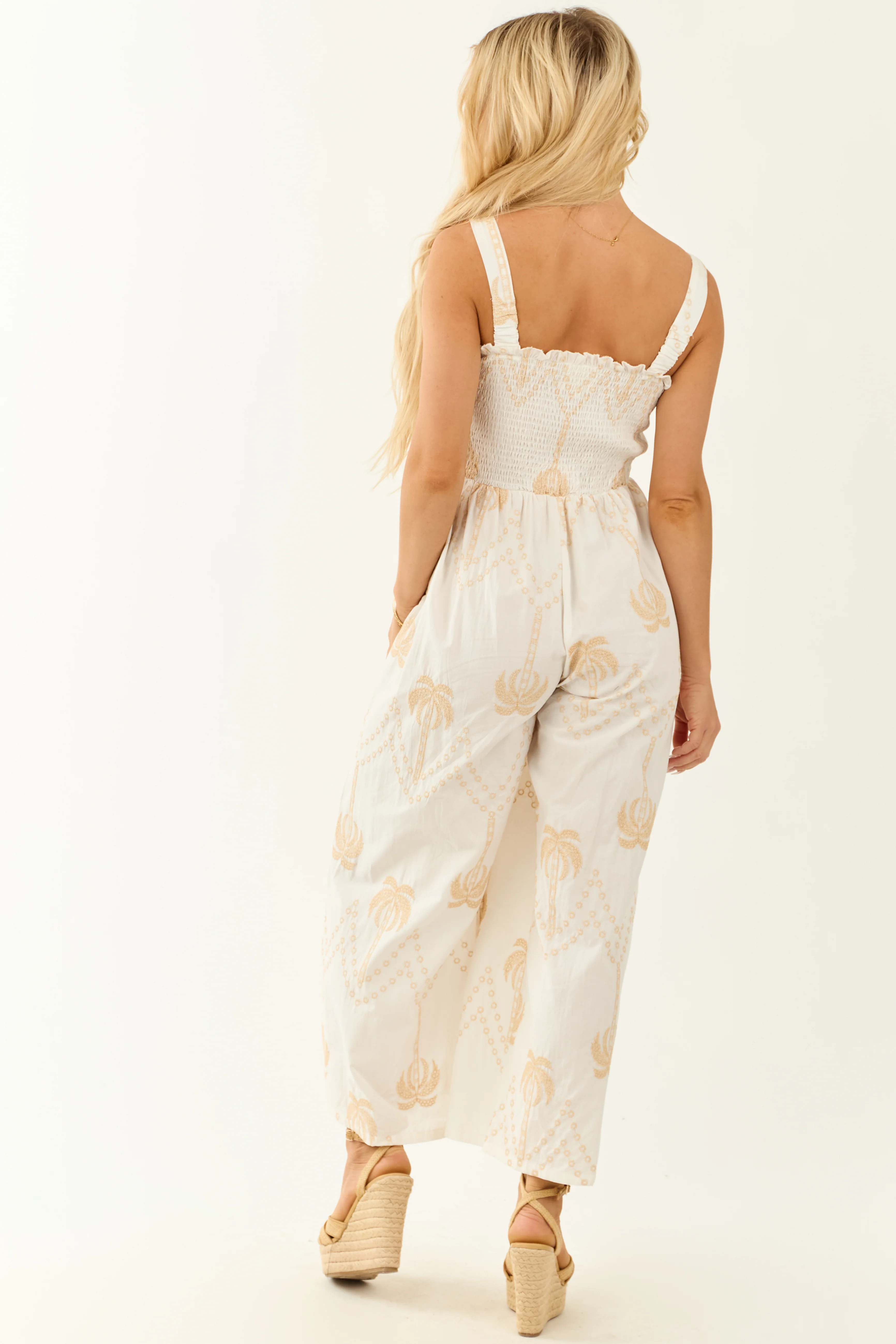 Off White Palm Tree Embroidery Smocked Jumpsuit - Image 5