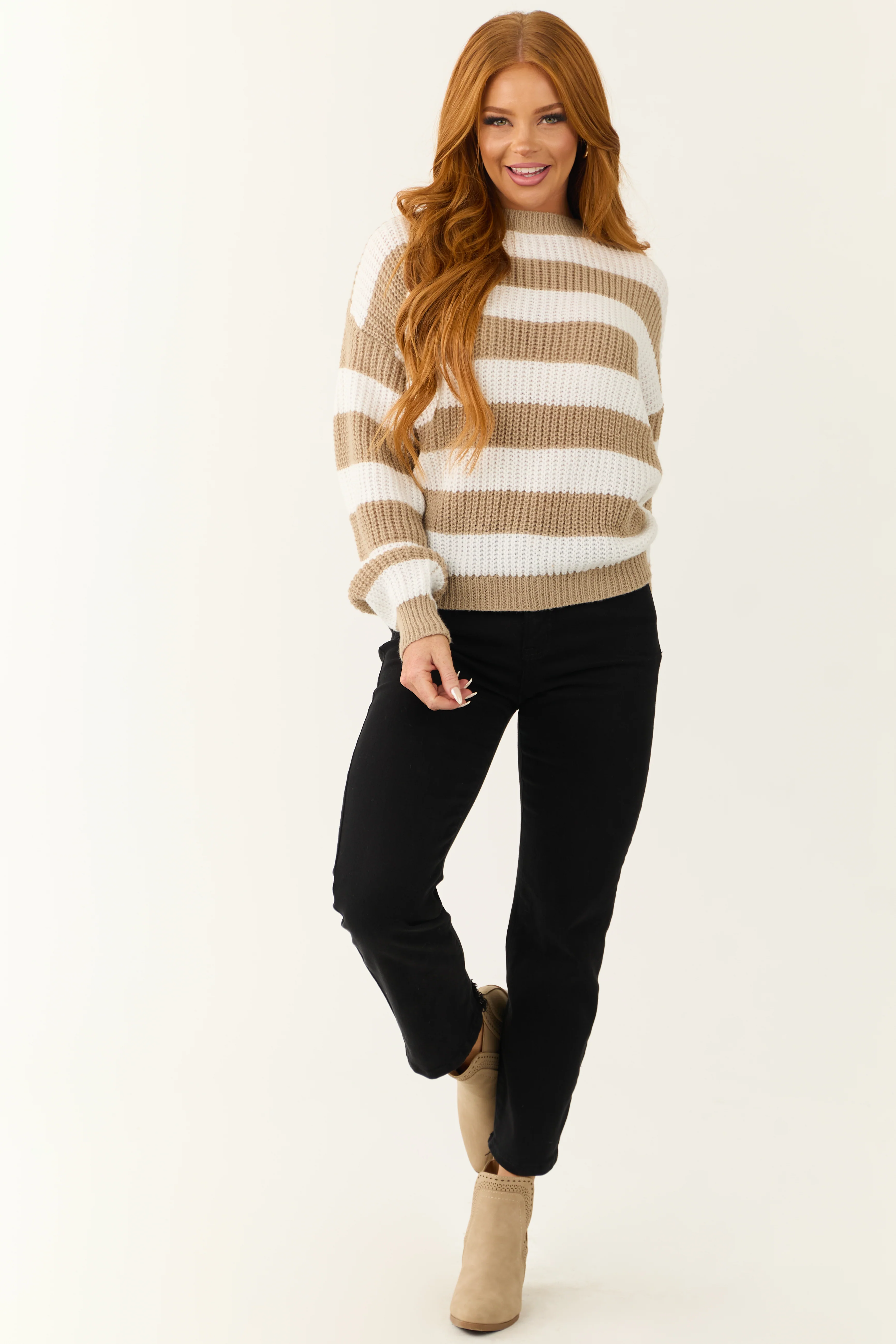 Off White and Peanut Striped Long Sleeve Sweater - Image 3