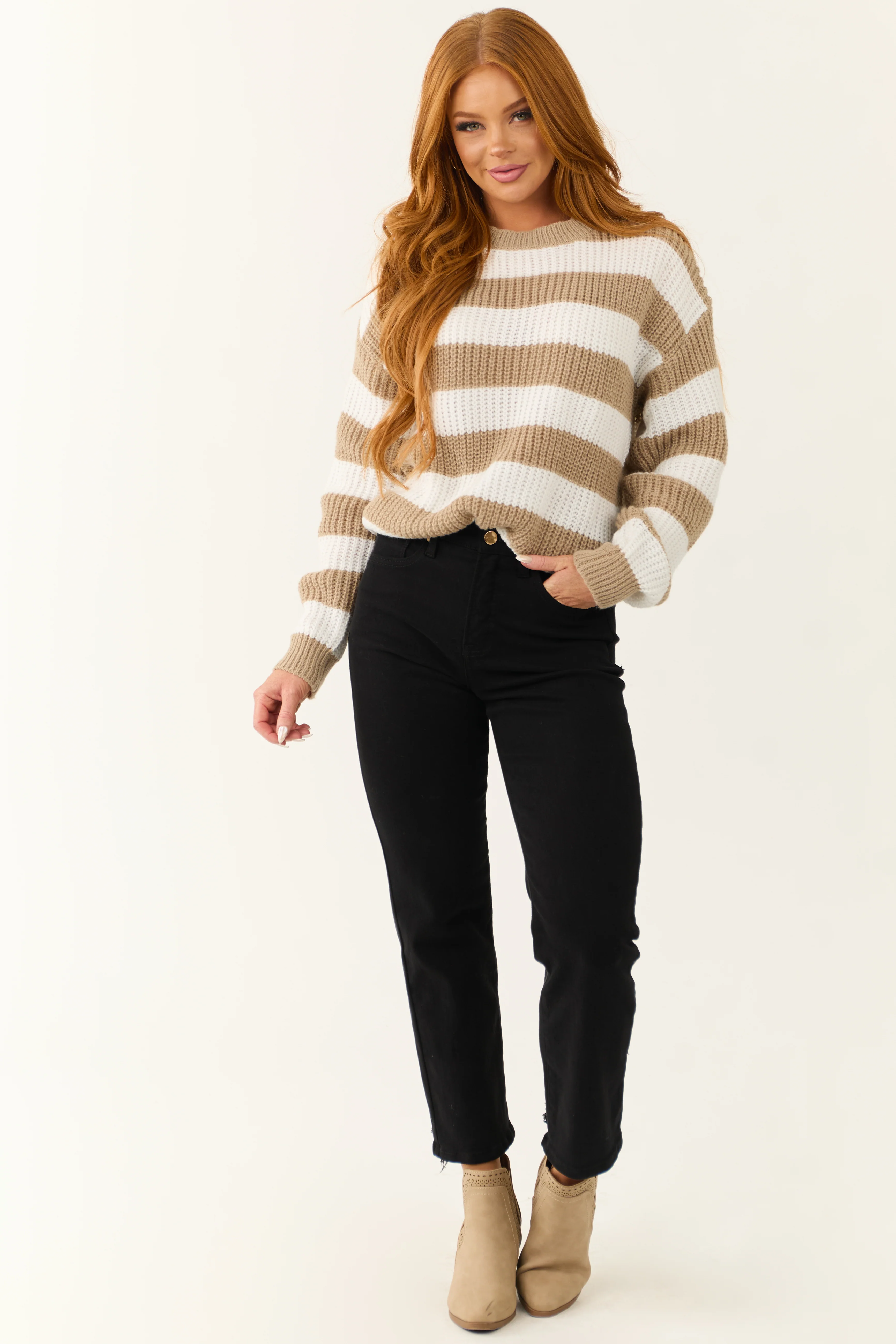 Off White and Peanut Striped Long Sleeve Sweater - Image 4