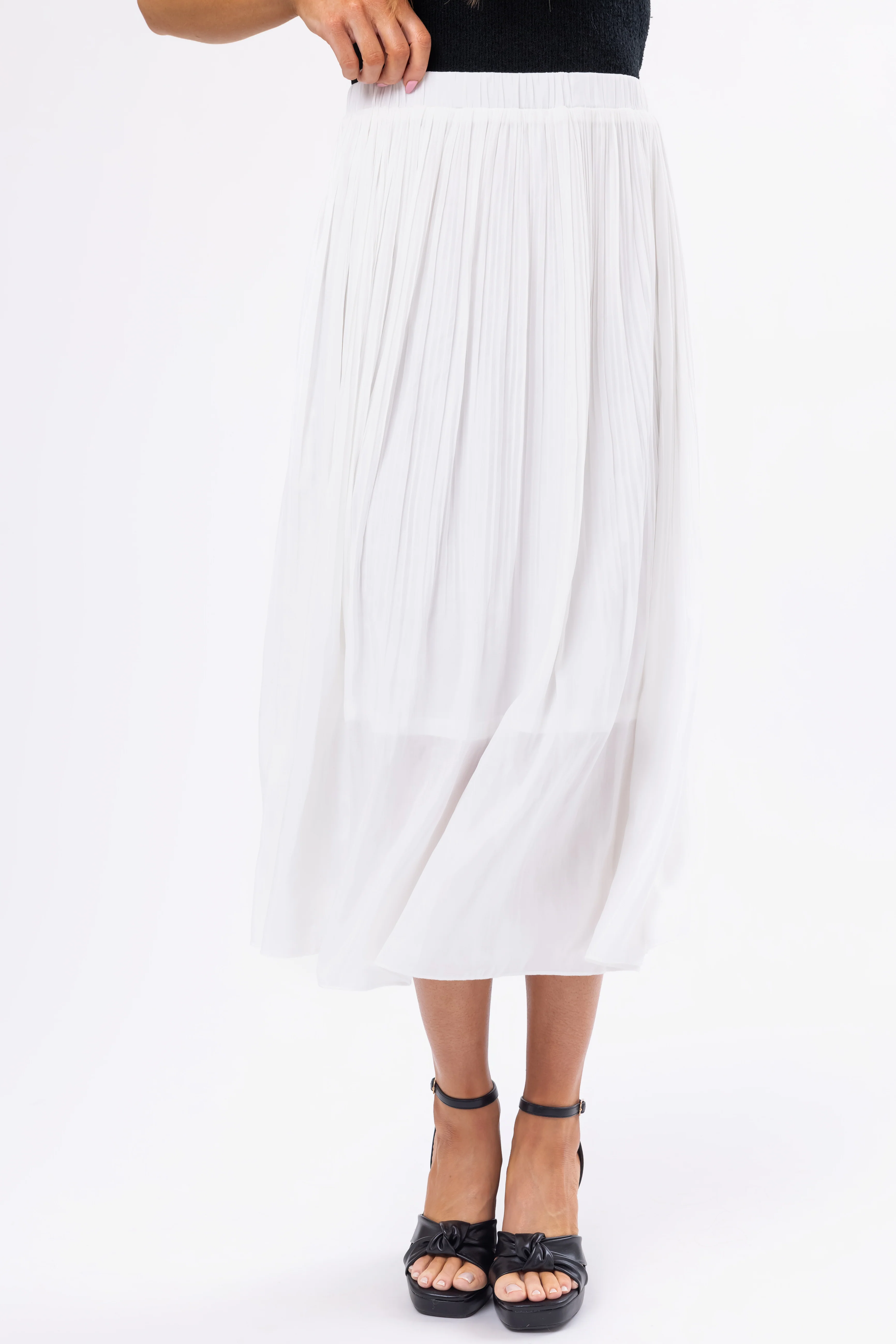 Off White Pleated Elastic Waistband Midi Skirt - Image 2