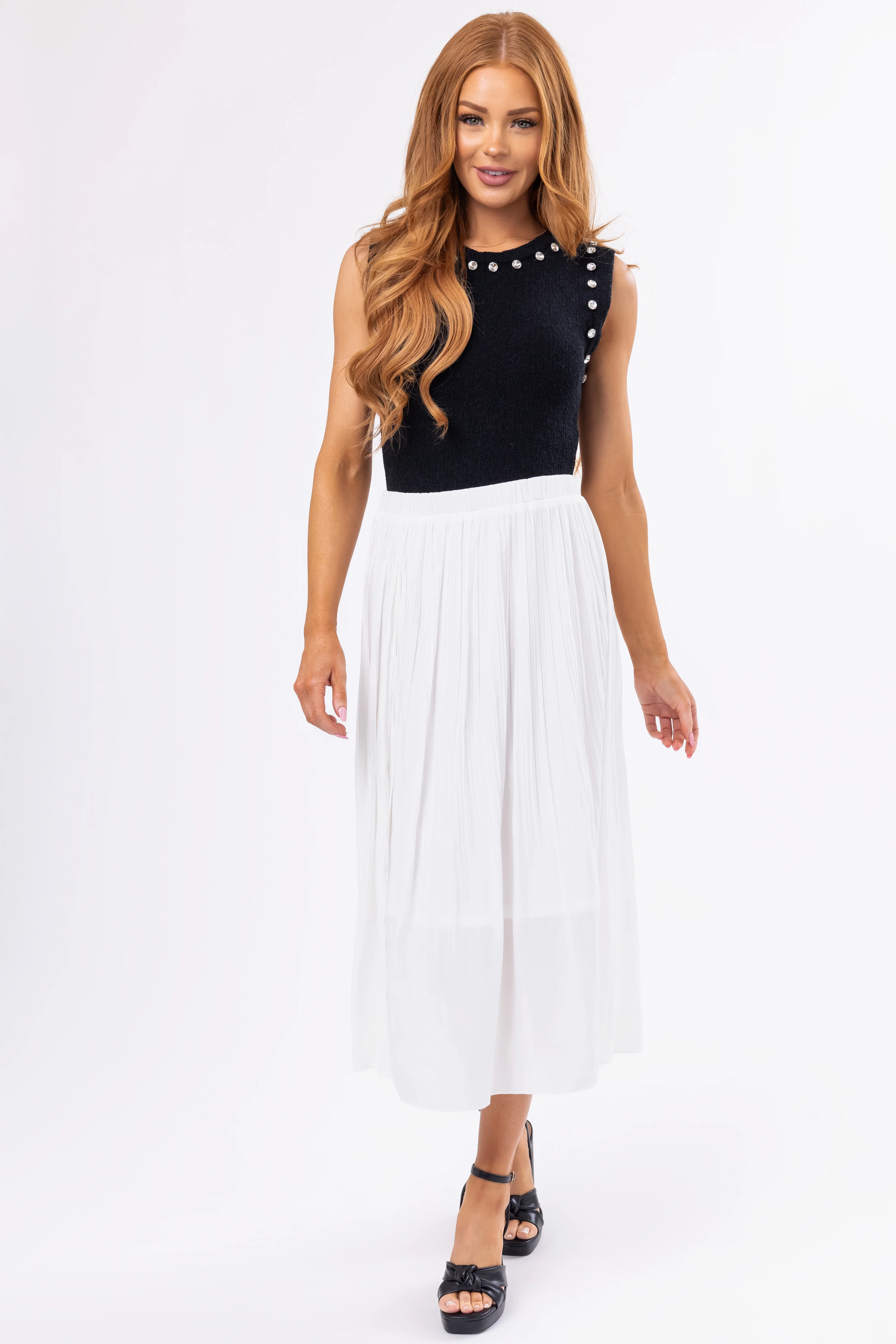 Off White Pleated Elastic Waistband Midi Skirt - Image 5