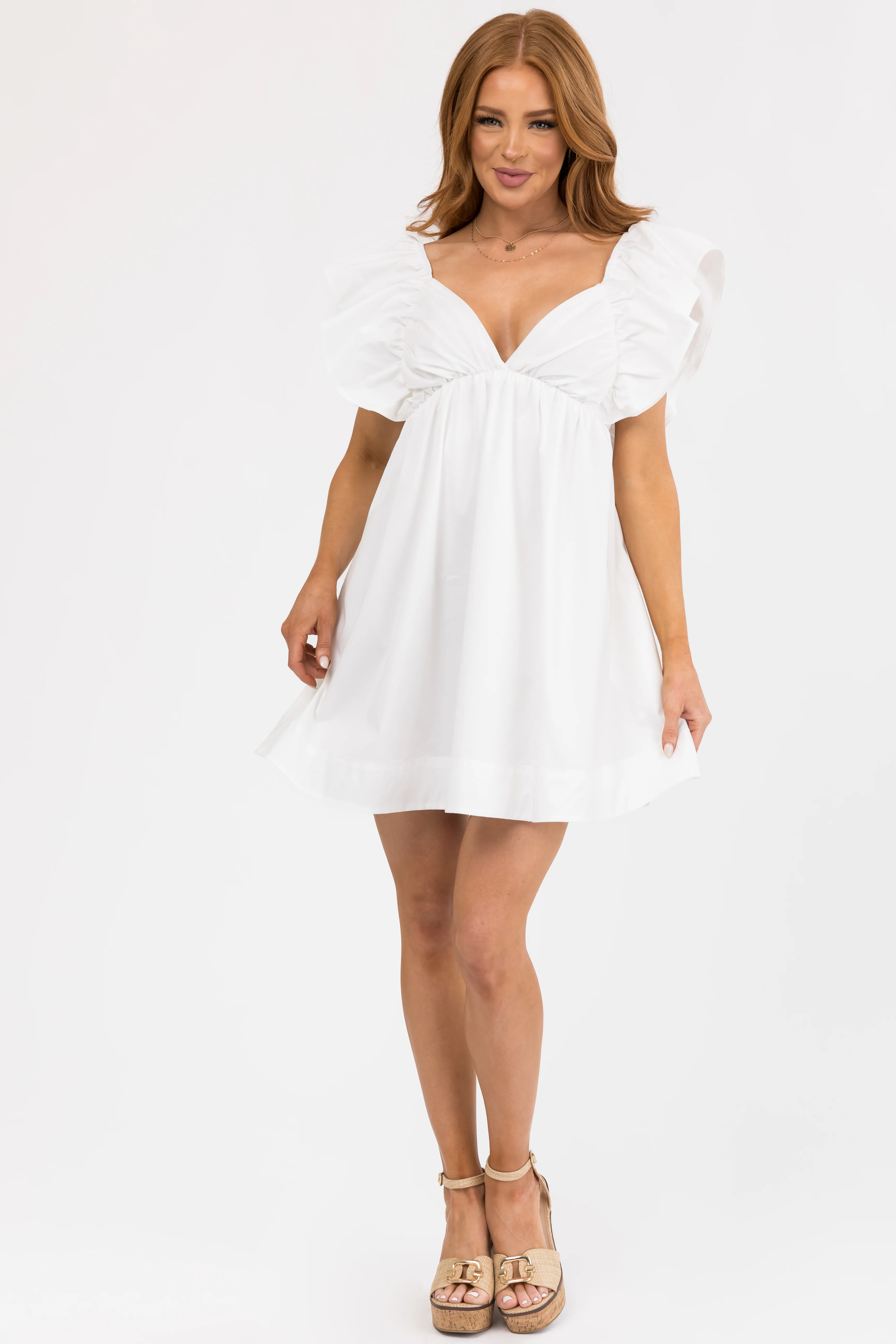 Off White Poplin Short Ruffle Sleeve Mini Dress - Image 5