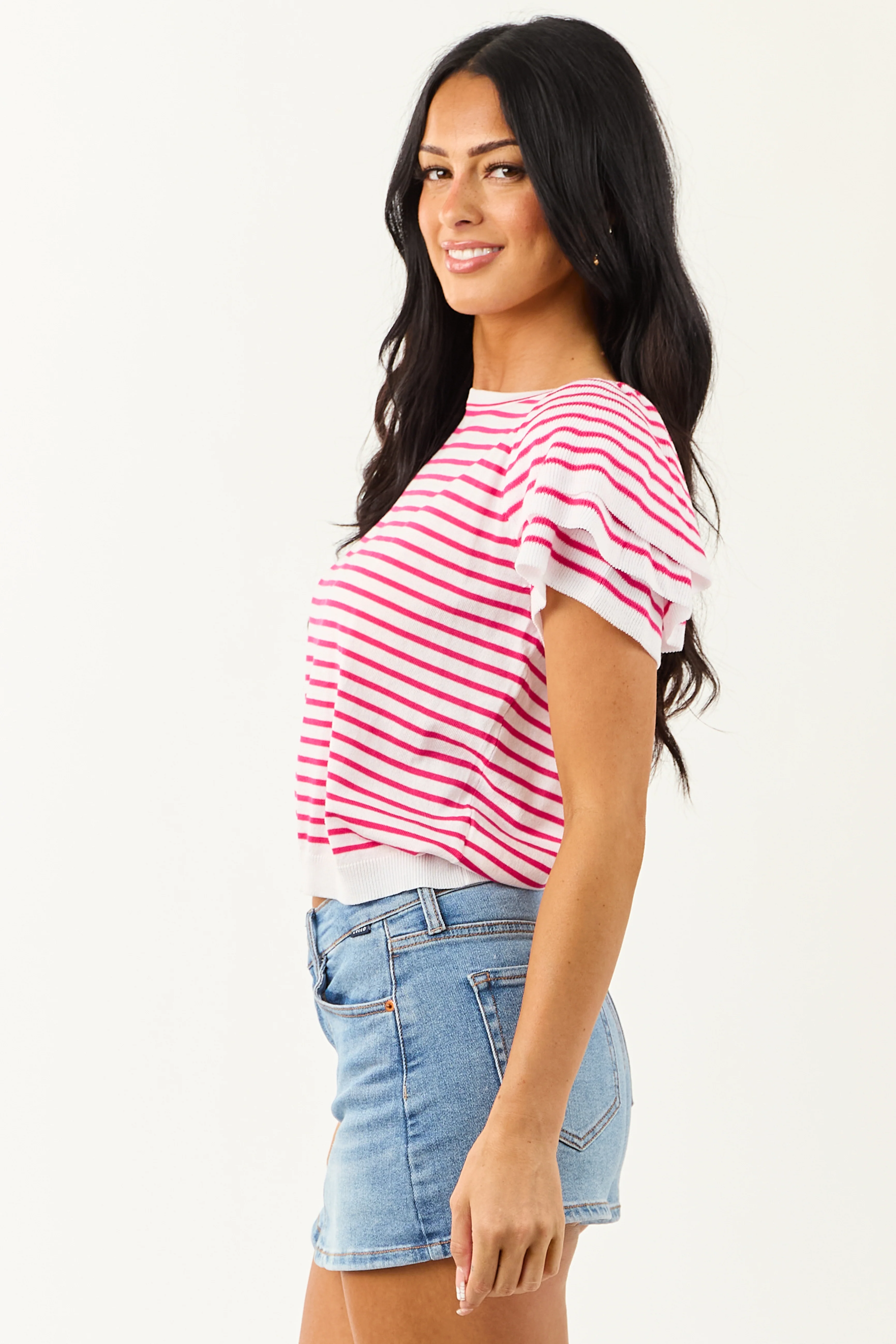 Off White and Raspberry Striped Short Sleeve Top - Image 4