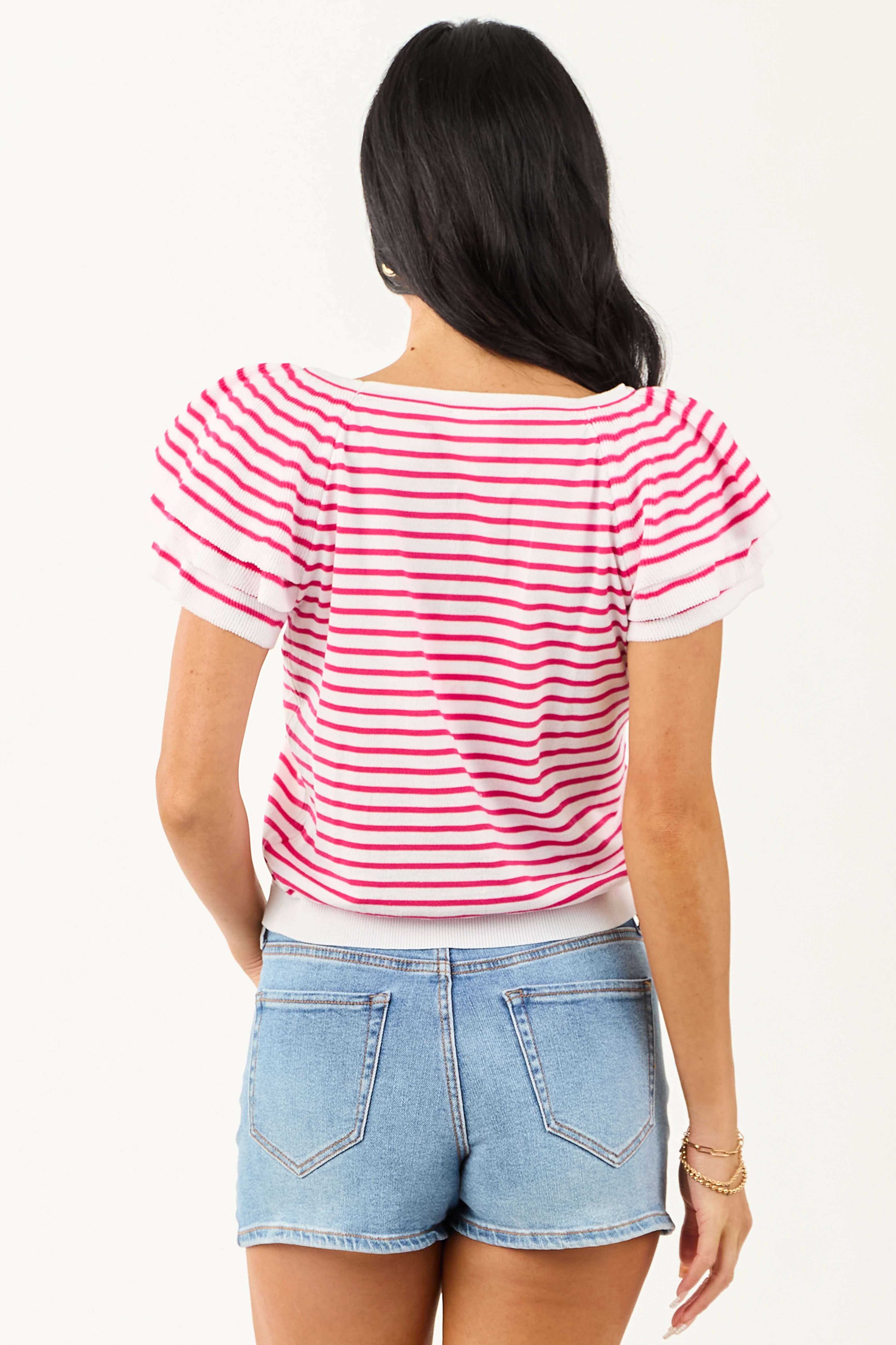 Off White and Raspberry Striped Short Sleeve Top - Image 5