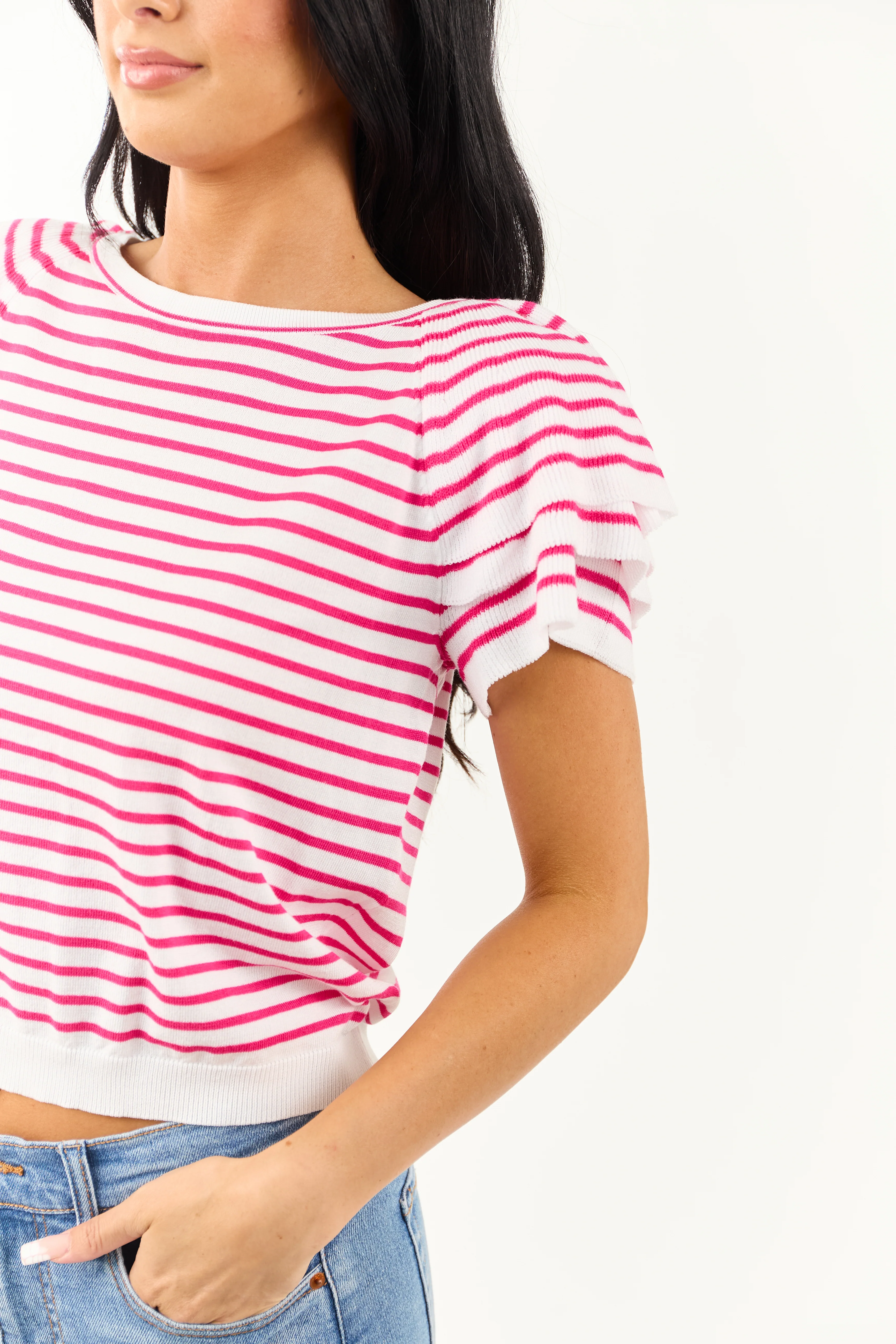 Off White and Raspberry Striped Short Sleeve Top - Image 6