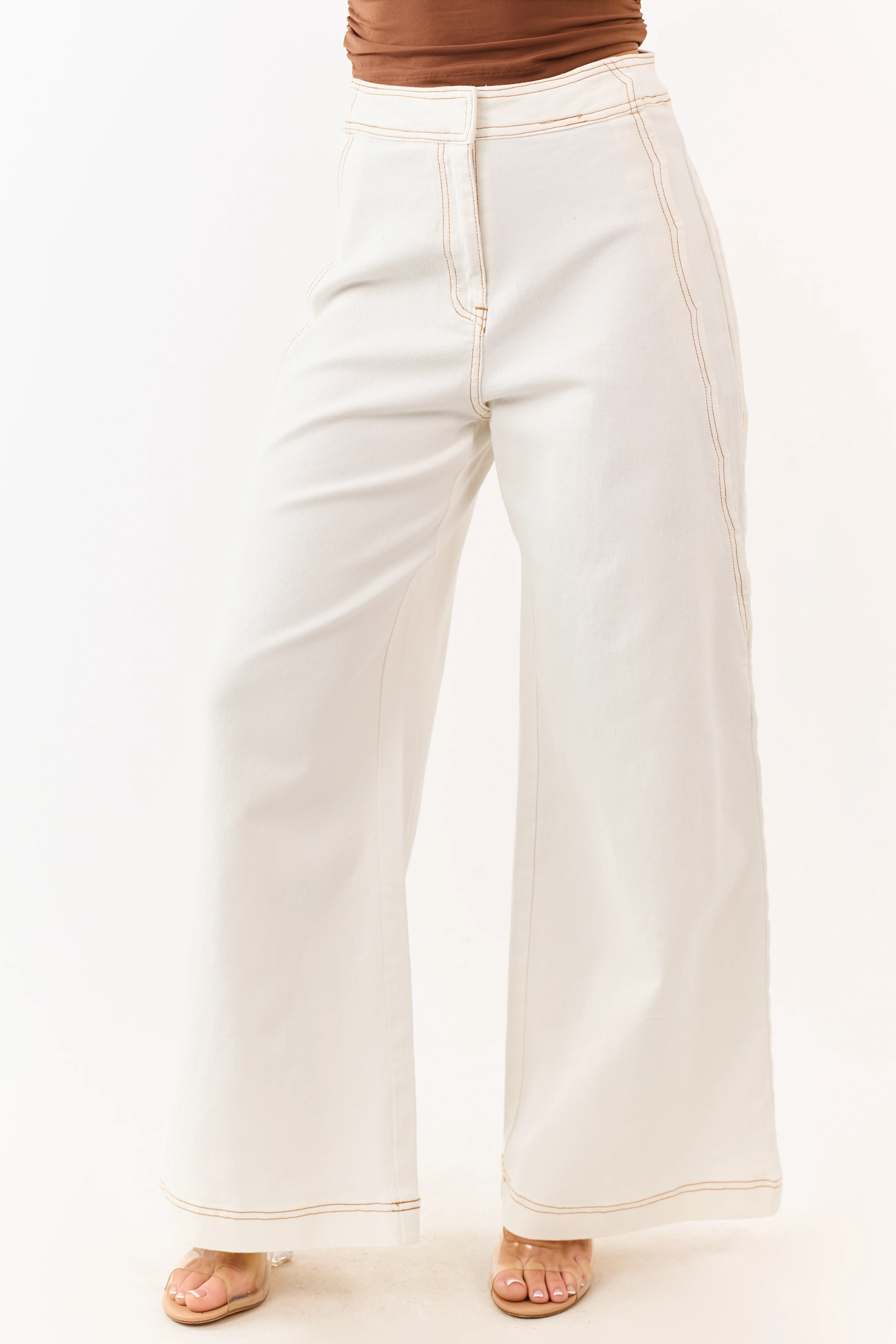 Off White Scalloped Side Seam Stretchy Wide Leg Jeans