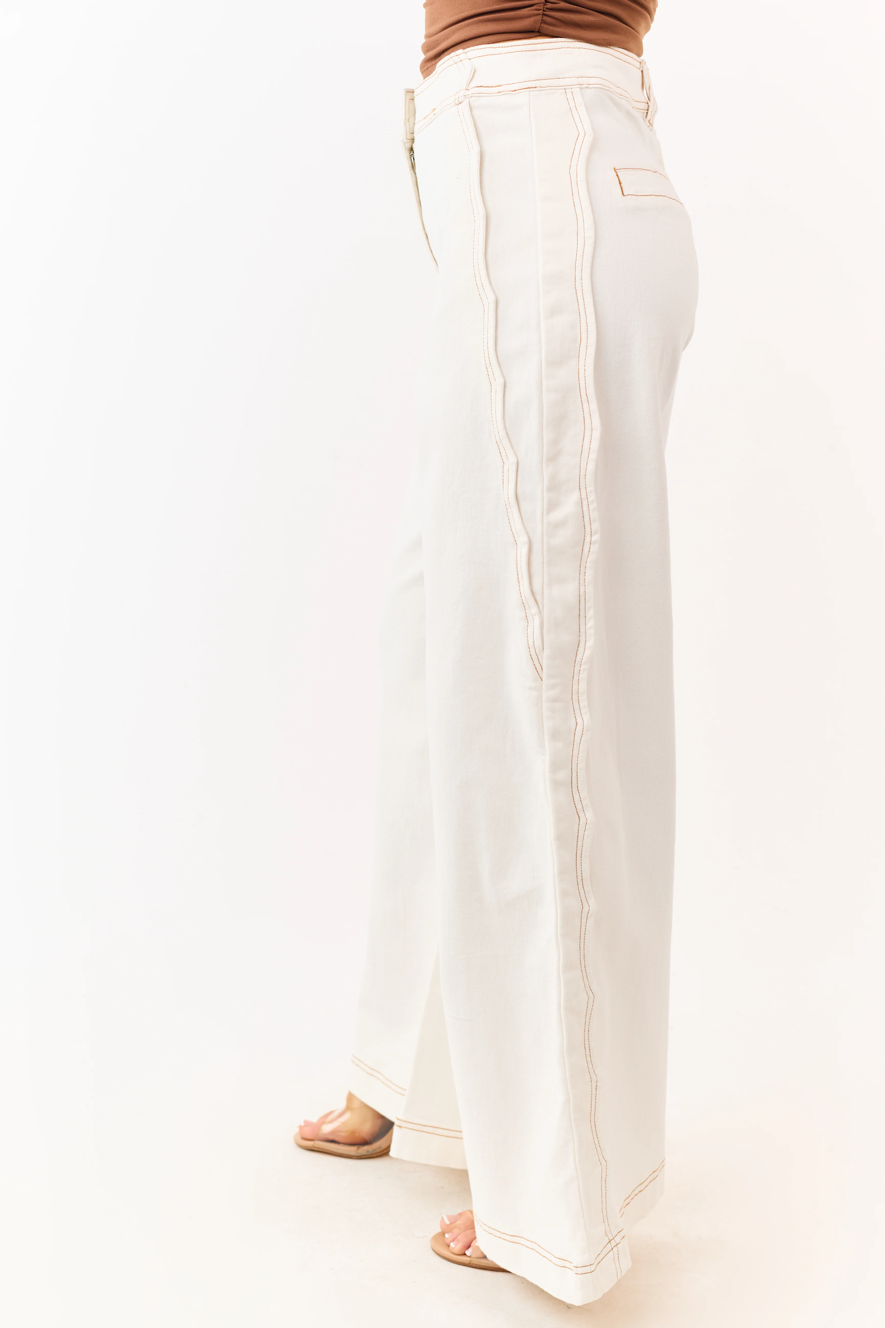 Off White Scalloped Side Seam Stretchy Wide Leg Jeans - Image 3