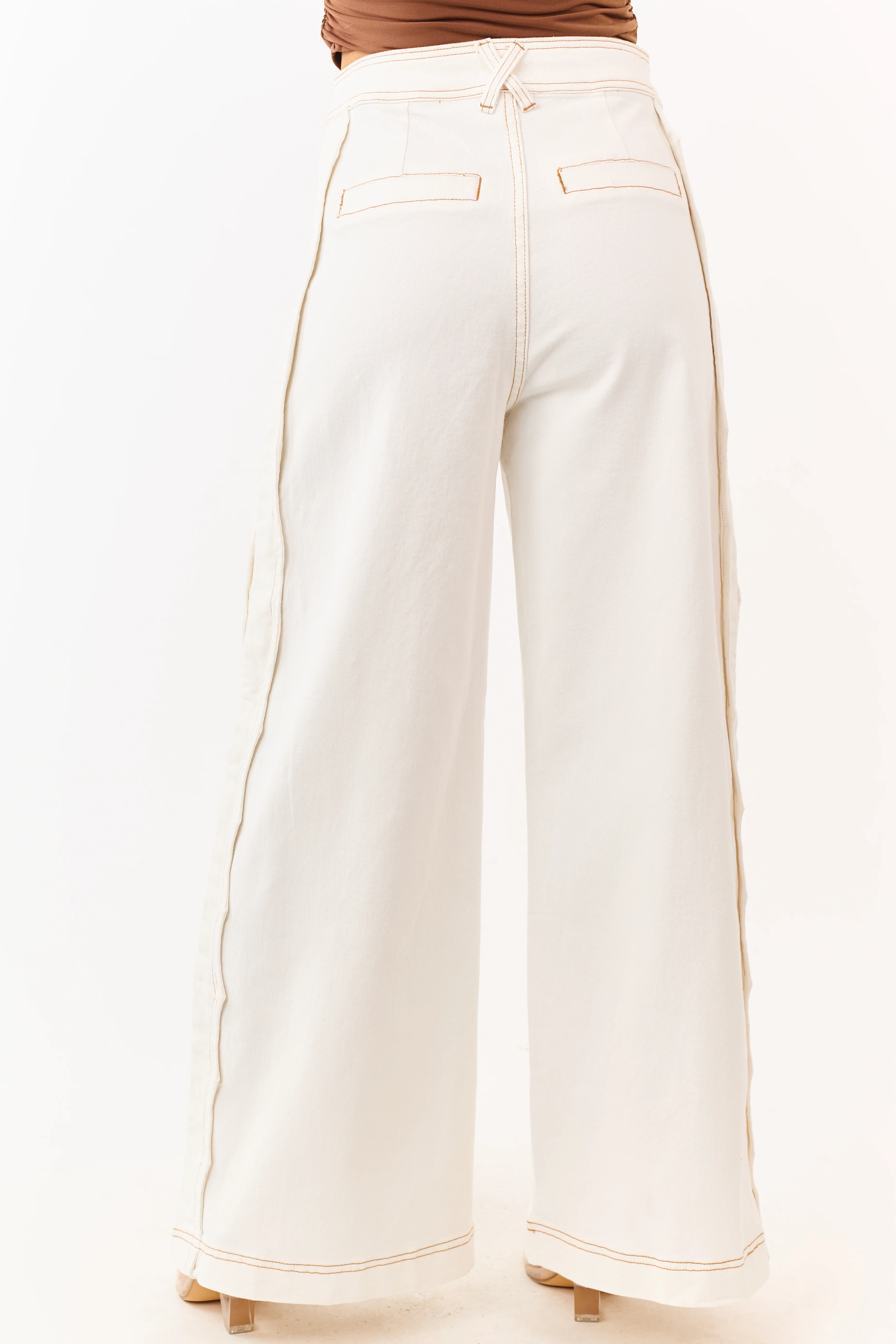 Off White Scalloped Side Seam Stretchy Wide Leg Jeans - Image 4
