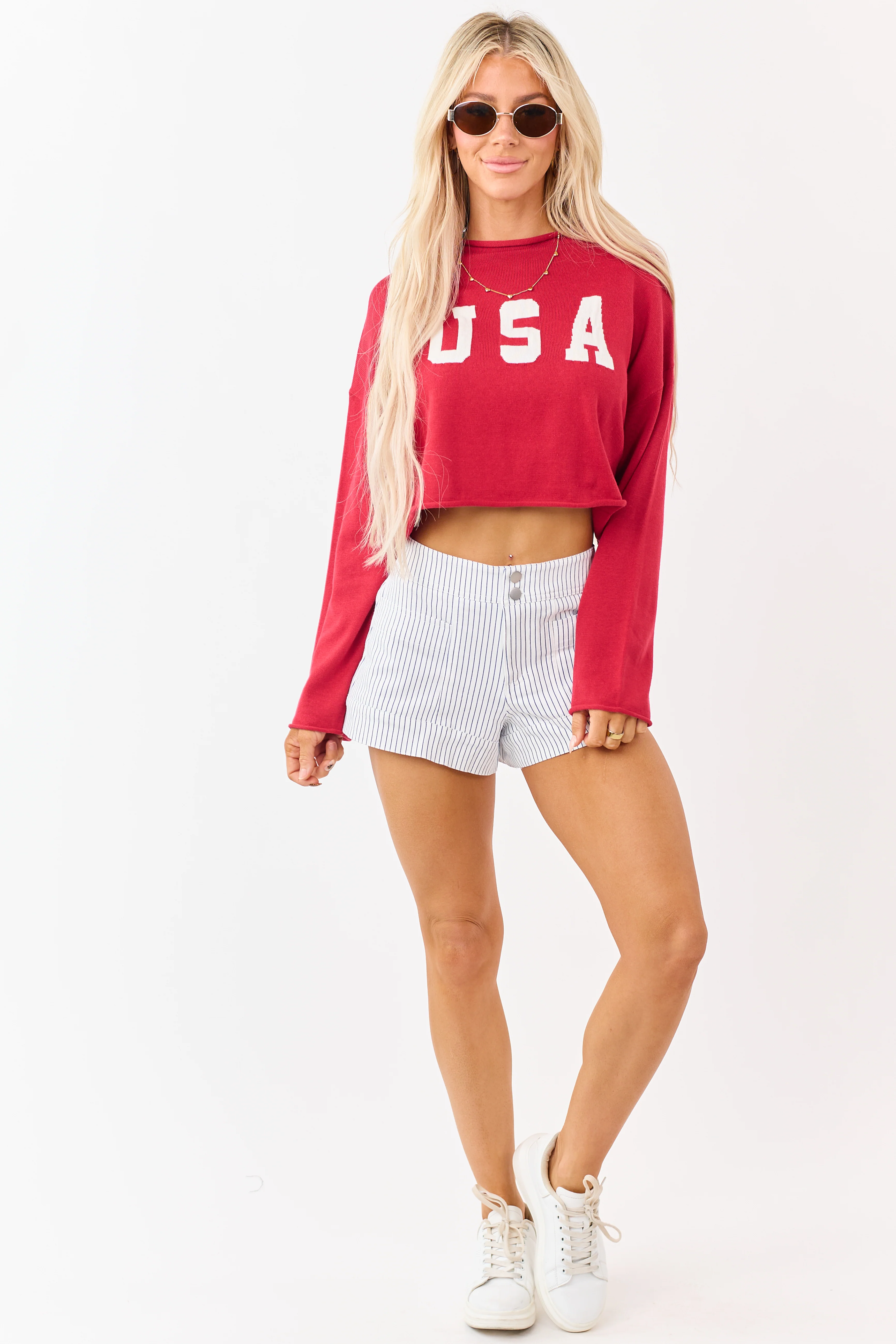 Off White Striped High Rise Stretchy Denim Shorts - Image 5