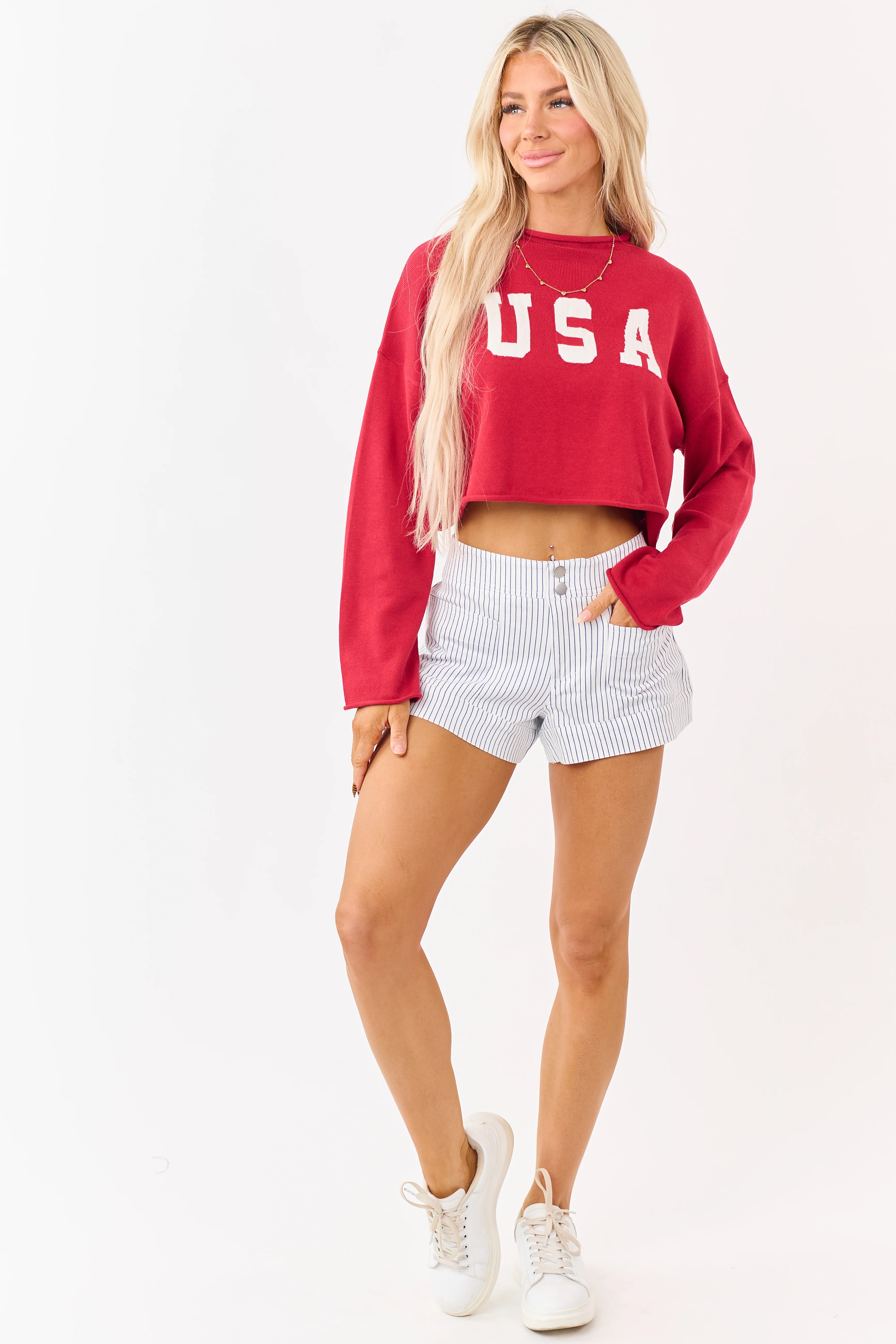 Off White Striped High Rise Stretchy Denim Shorts - Image 6