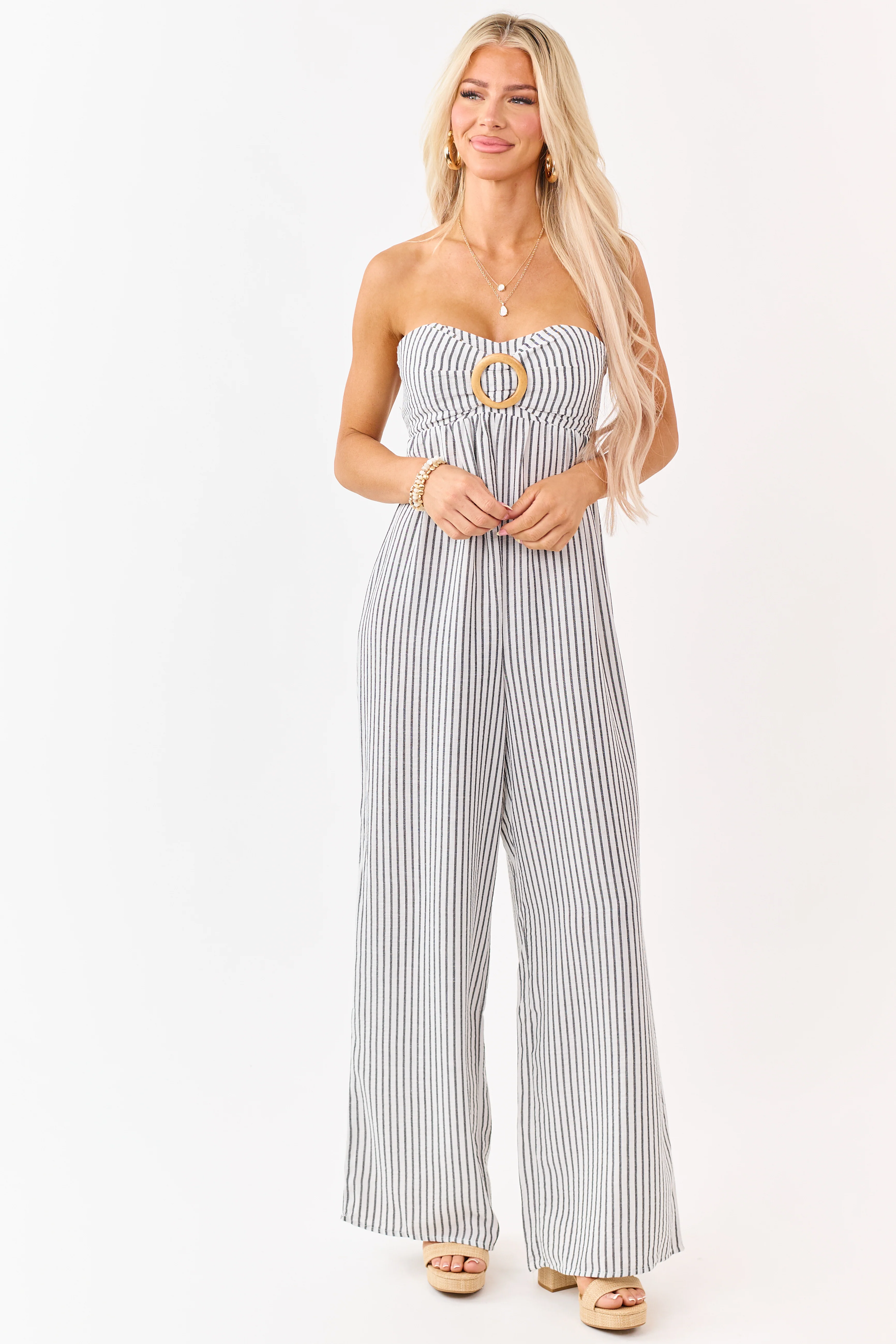 Off White Striped Strapless Wide Leg Jumpsuit