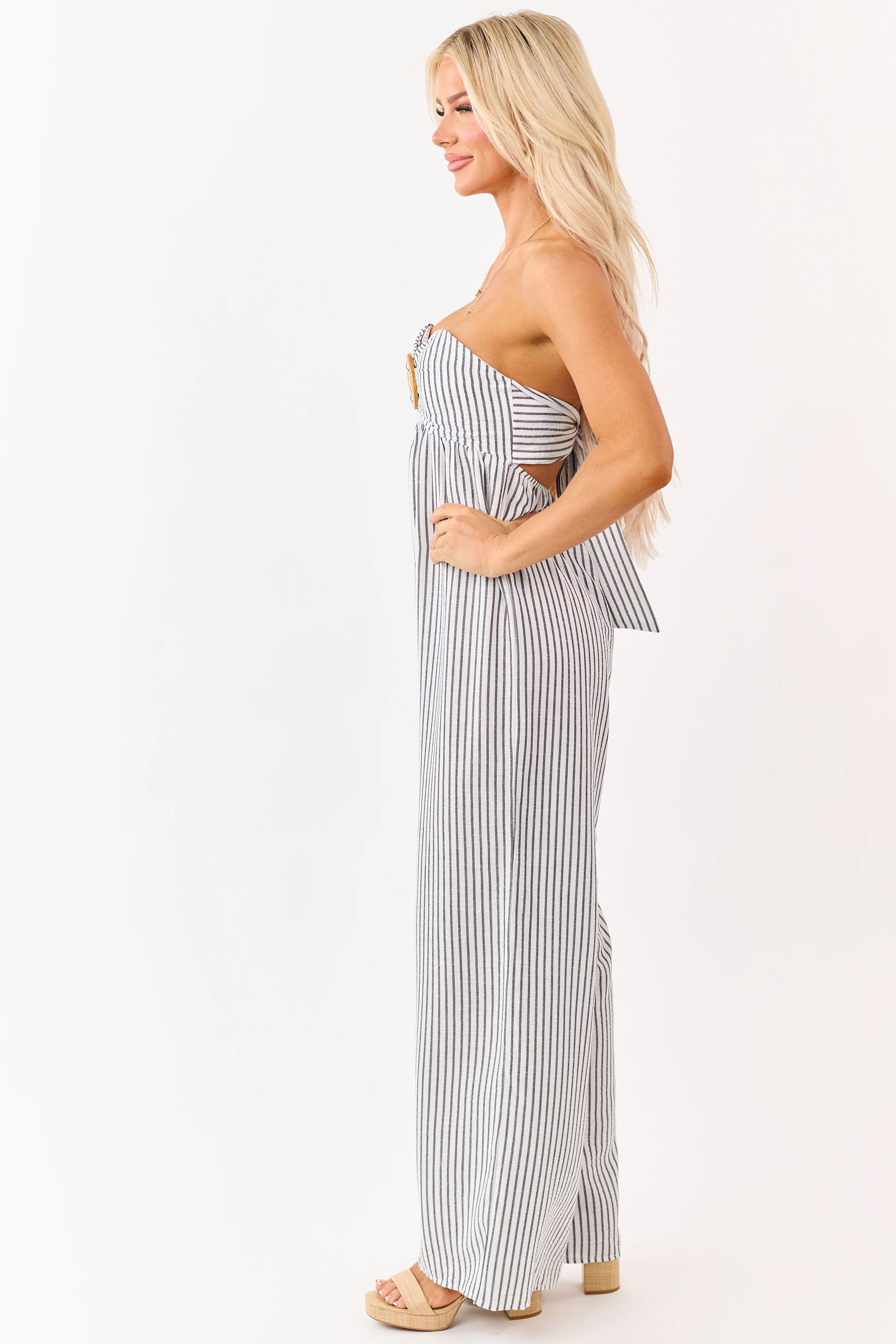 Off White Striped Strapless Wide Leg Jumpsuit - Image 4