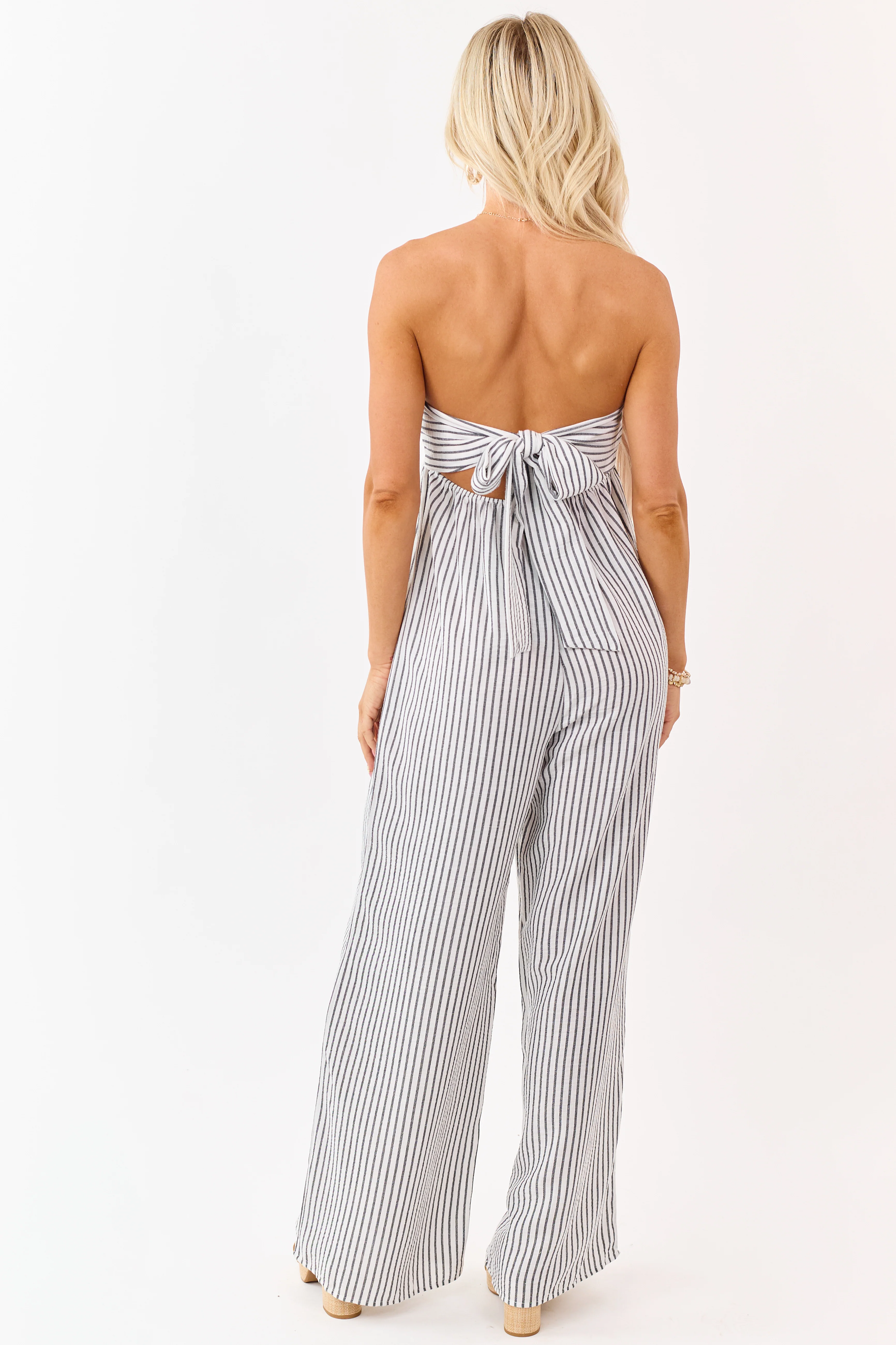 Off White Striped Strapless Wide Leg Jumpsuit - Image 5