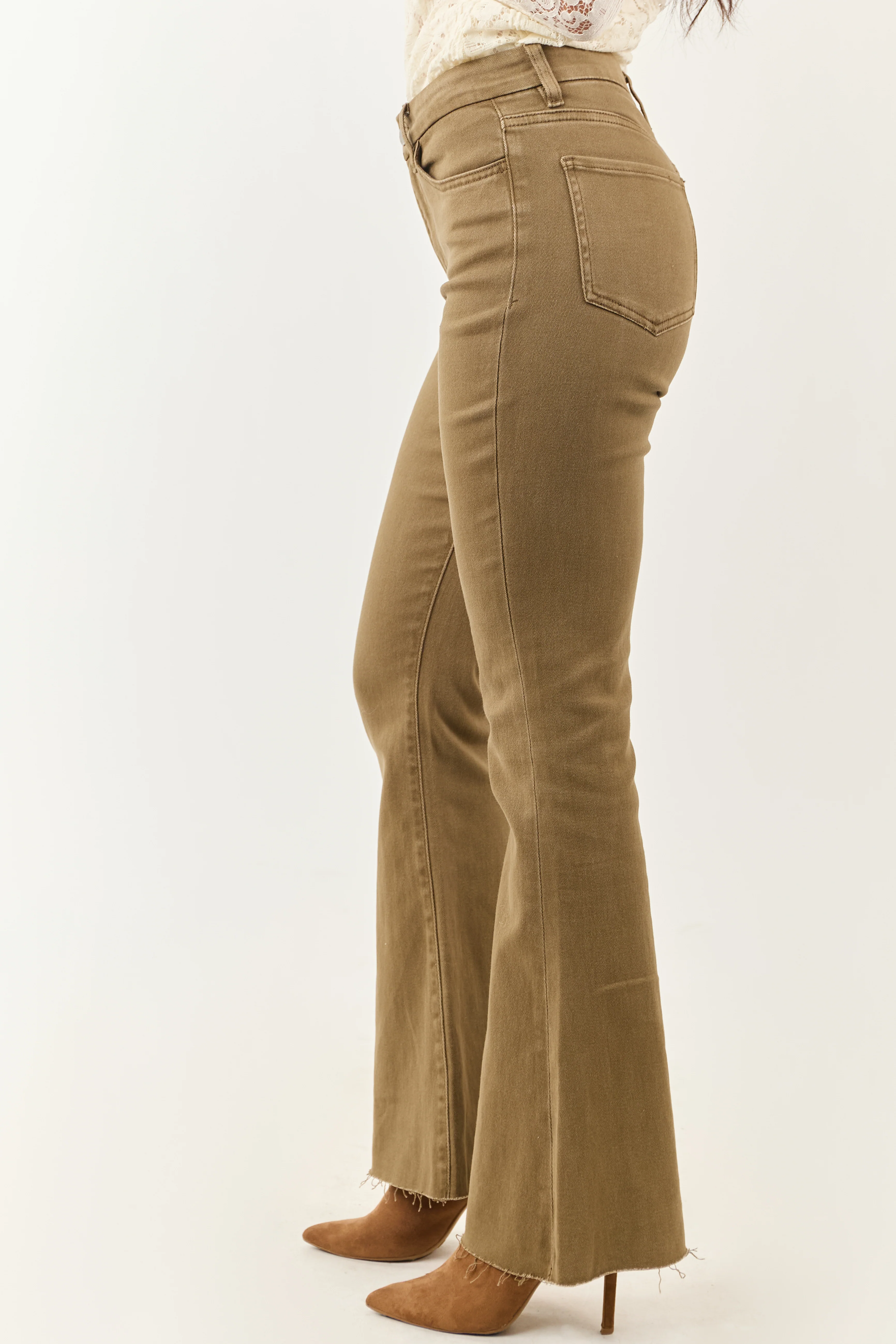 Olive High Rise Raw Hem Stretchy Flare Jeans - Image 3