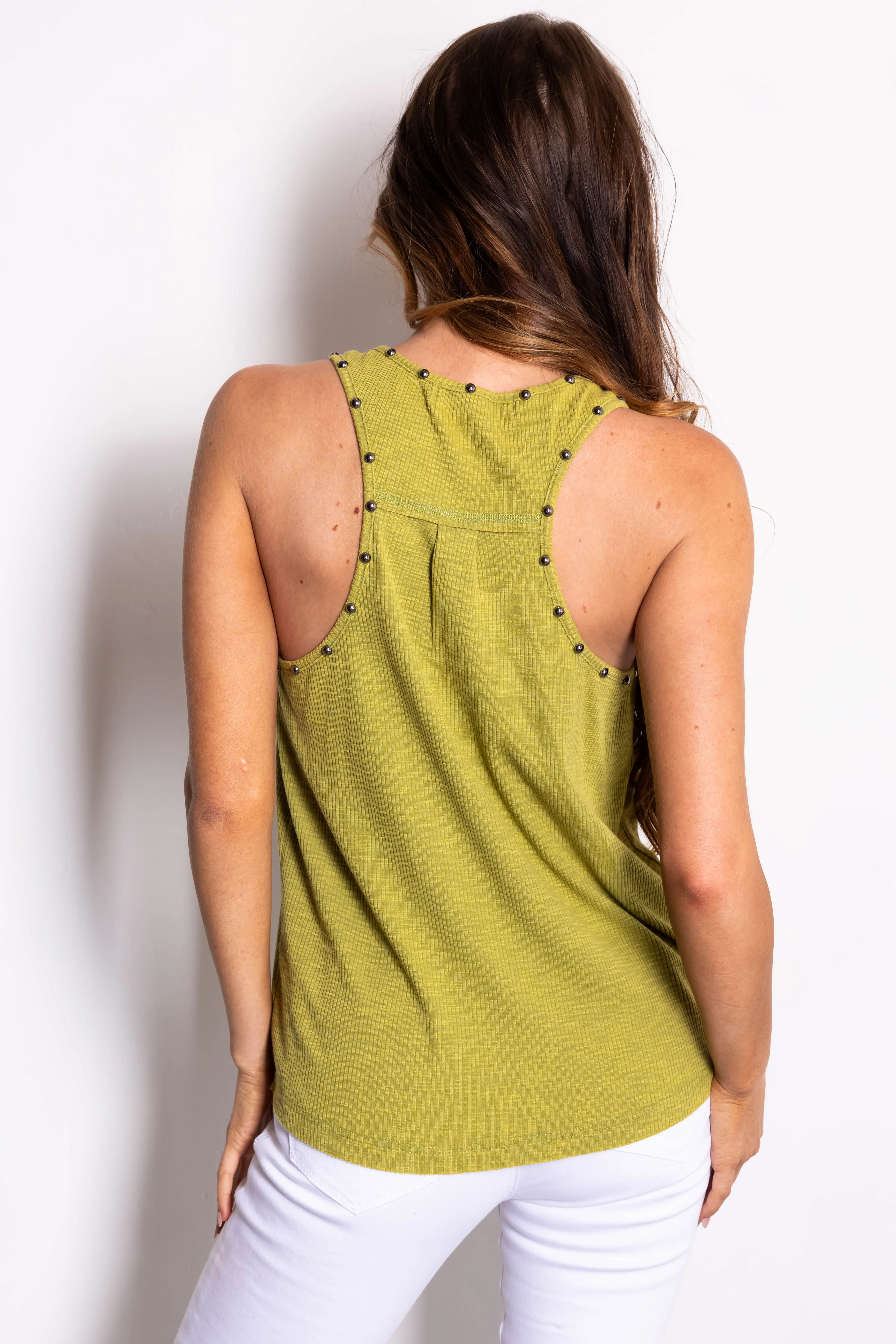 Olive Mineral Washed Studded Detail Tank Top - Image 6