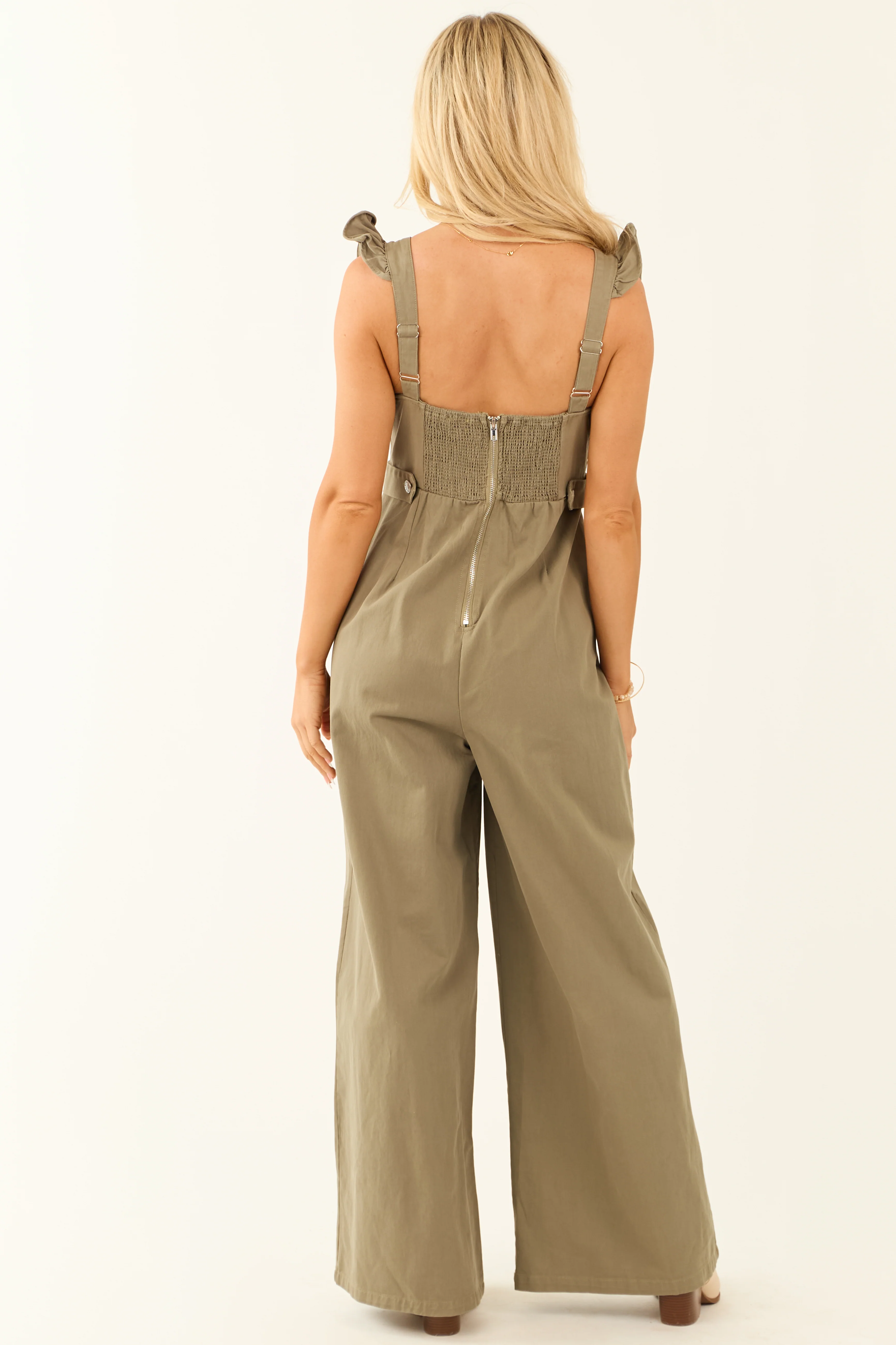 Olive Sleeveless Ruffle Strap Wide Leg Jumpsuit - Image 6