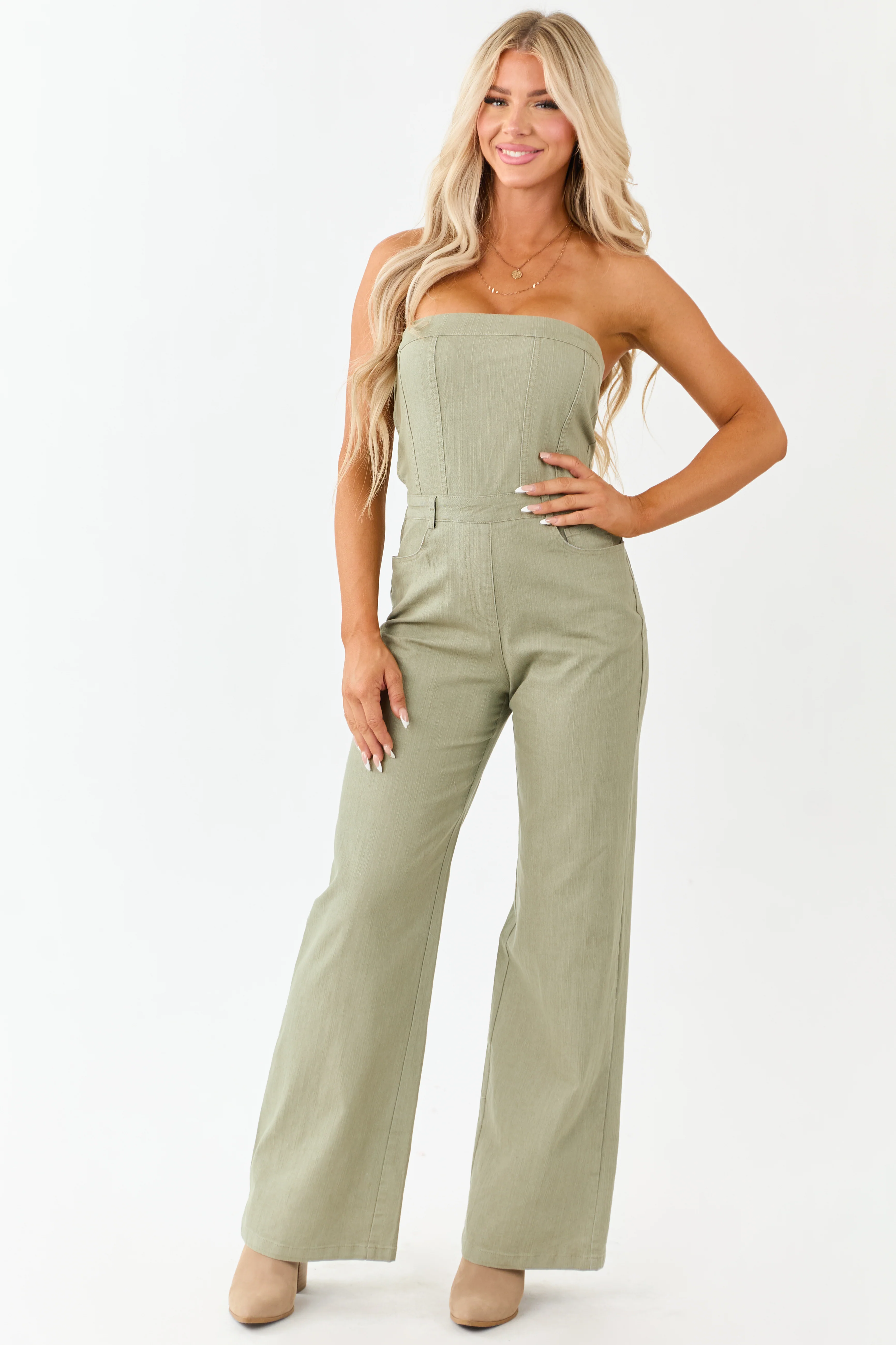 Olive Strapless Wide Leg Denim Jumpsuit - Image 3