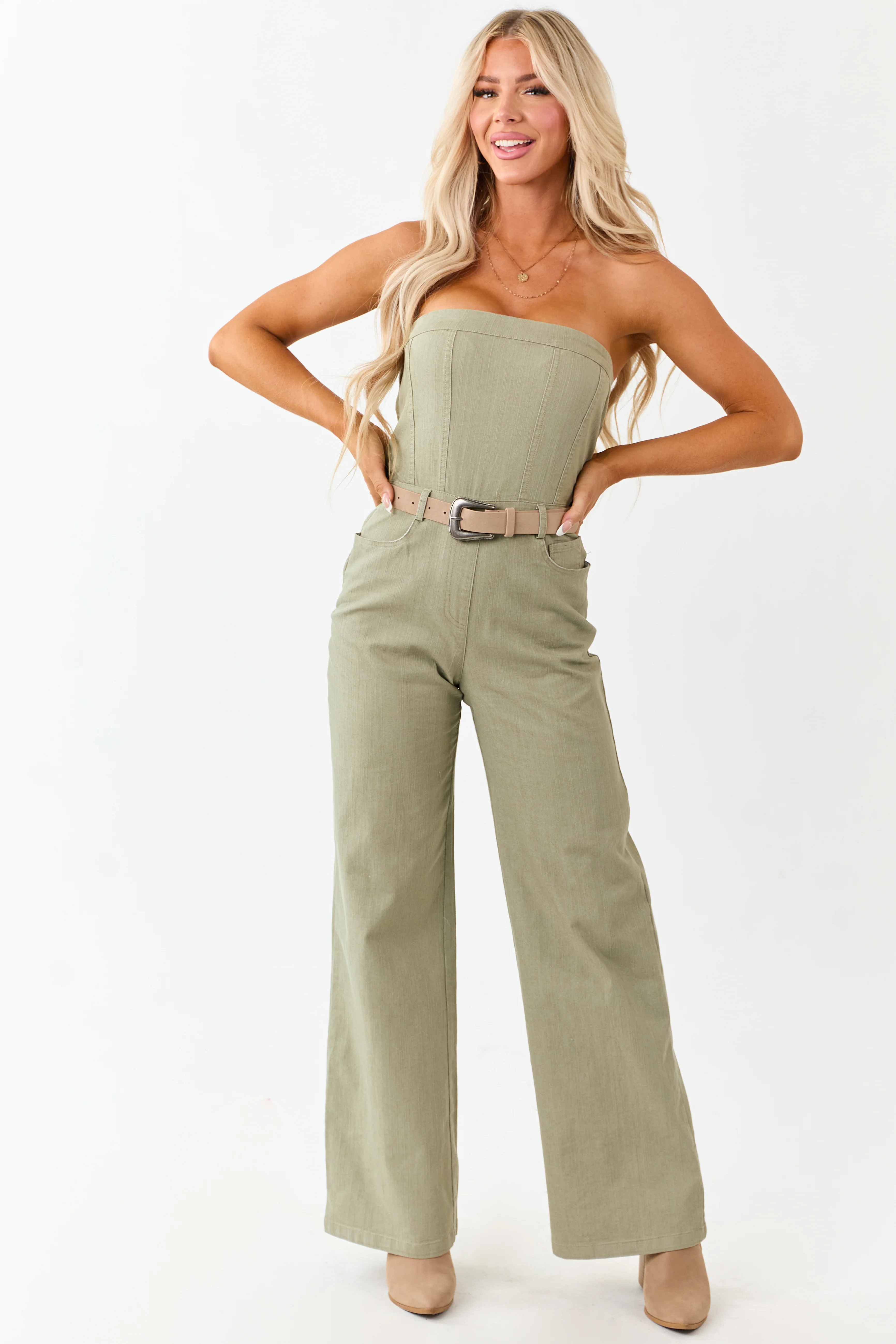 Olive Strapless Wide Leg Denim Jumpsuit - Image 4
