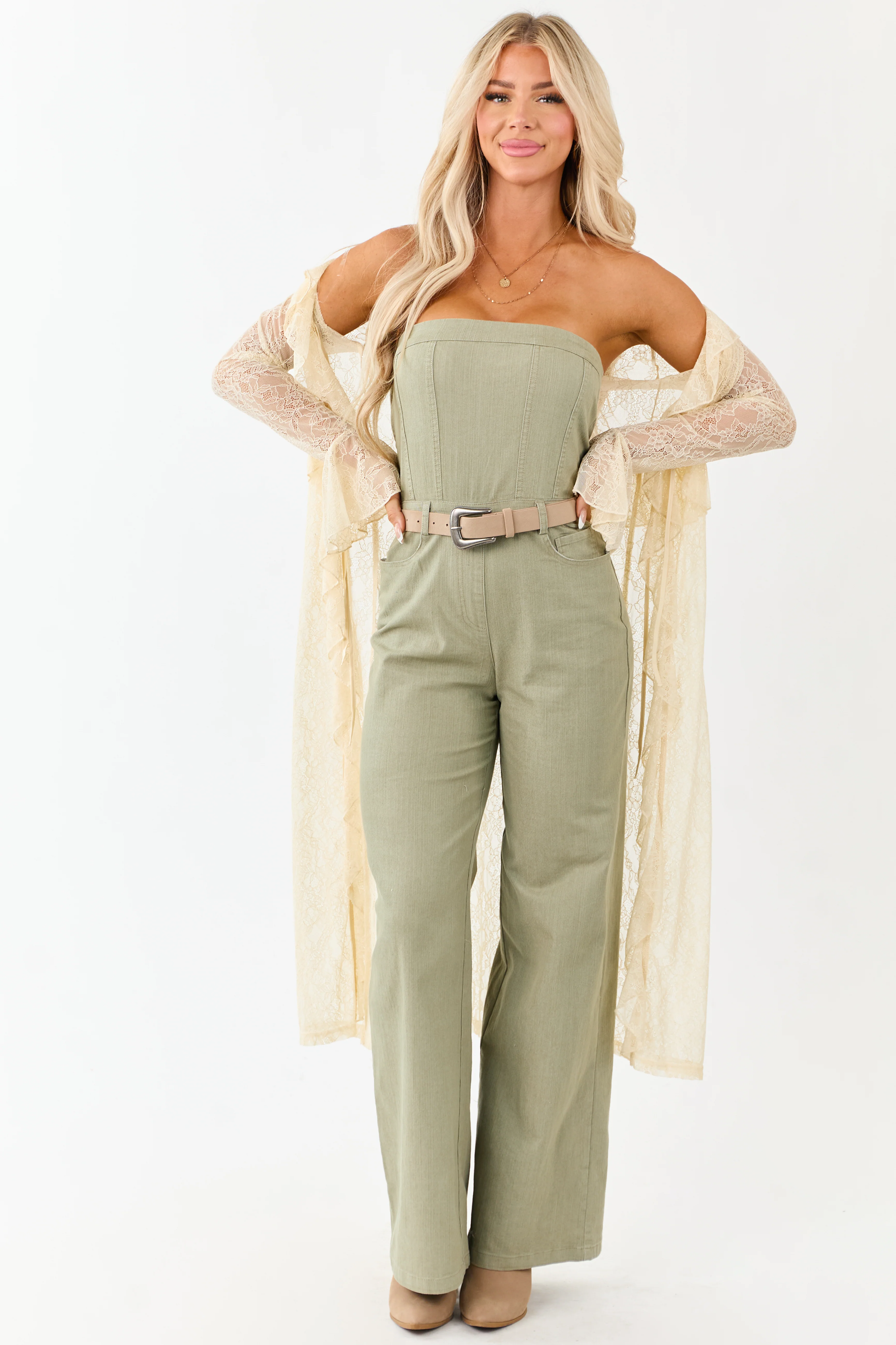 Olive Strapless Wide Leg Denim Jumpsuit - Image 5