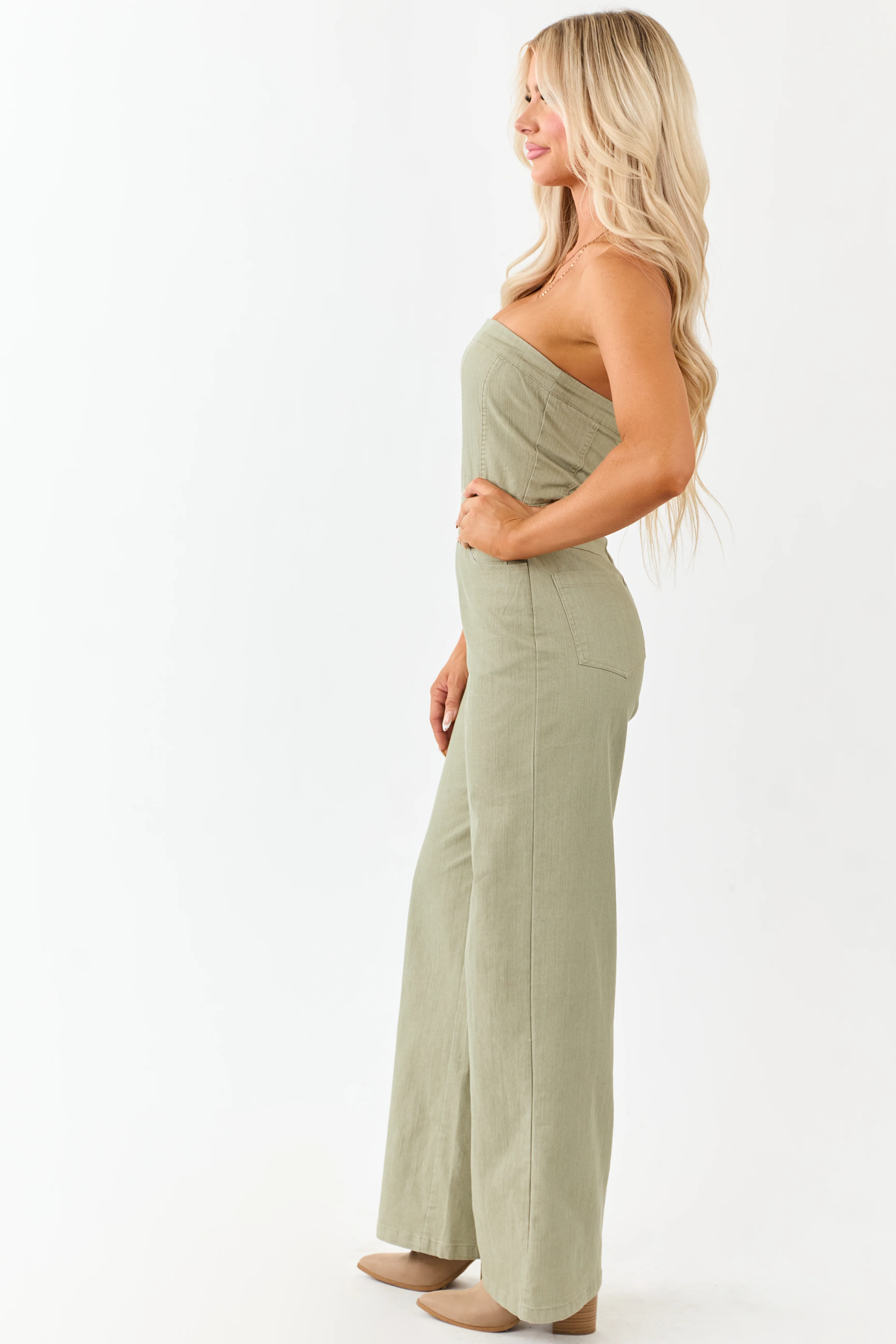 Olive Strapless Wide Leg Denim Jumpsuit - Image 6