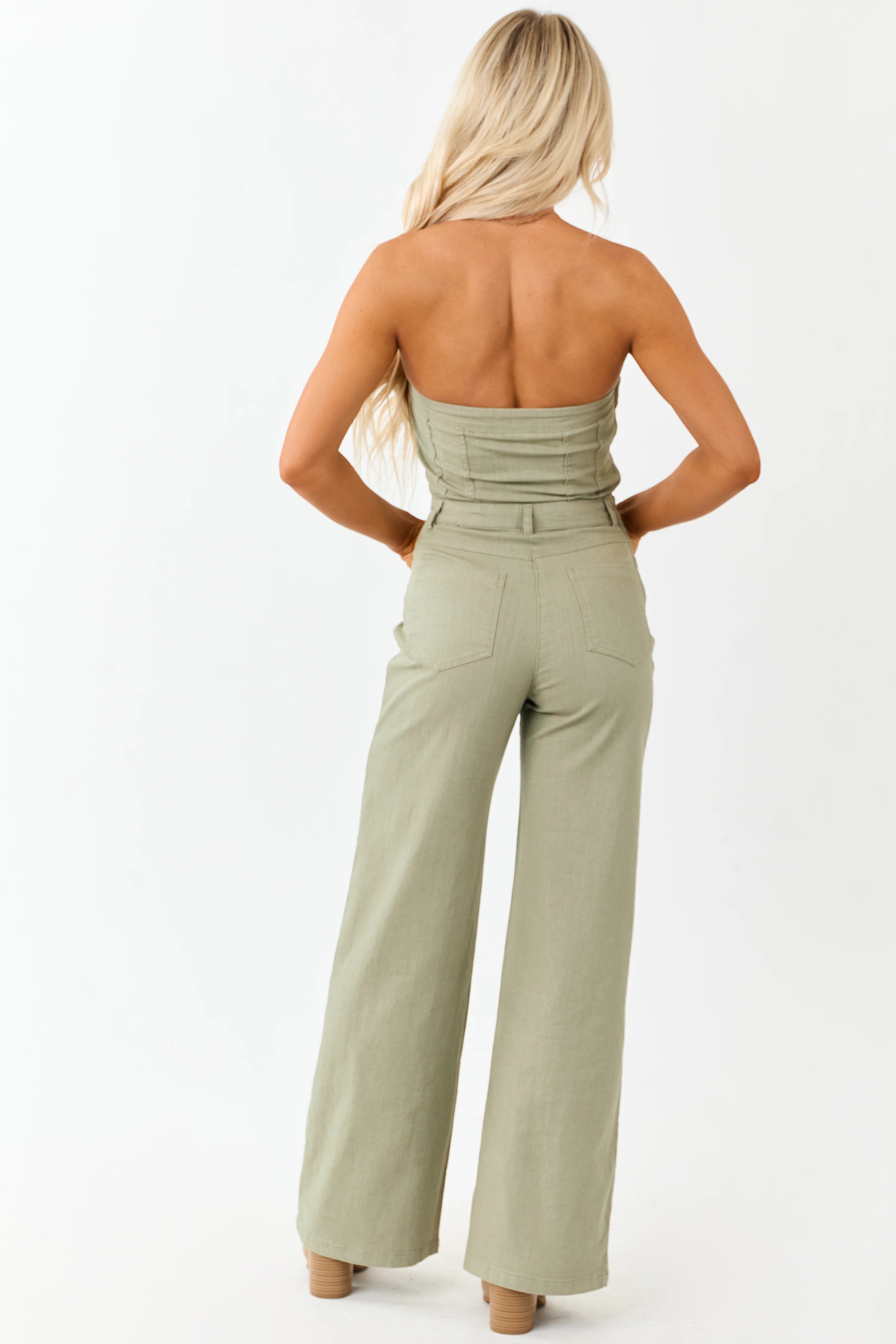 Olive Strapless Wide Leg Denim Jumpsuit - Image 7
