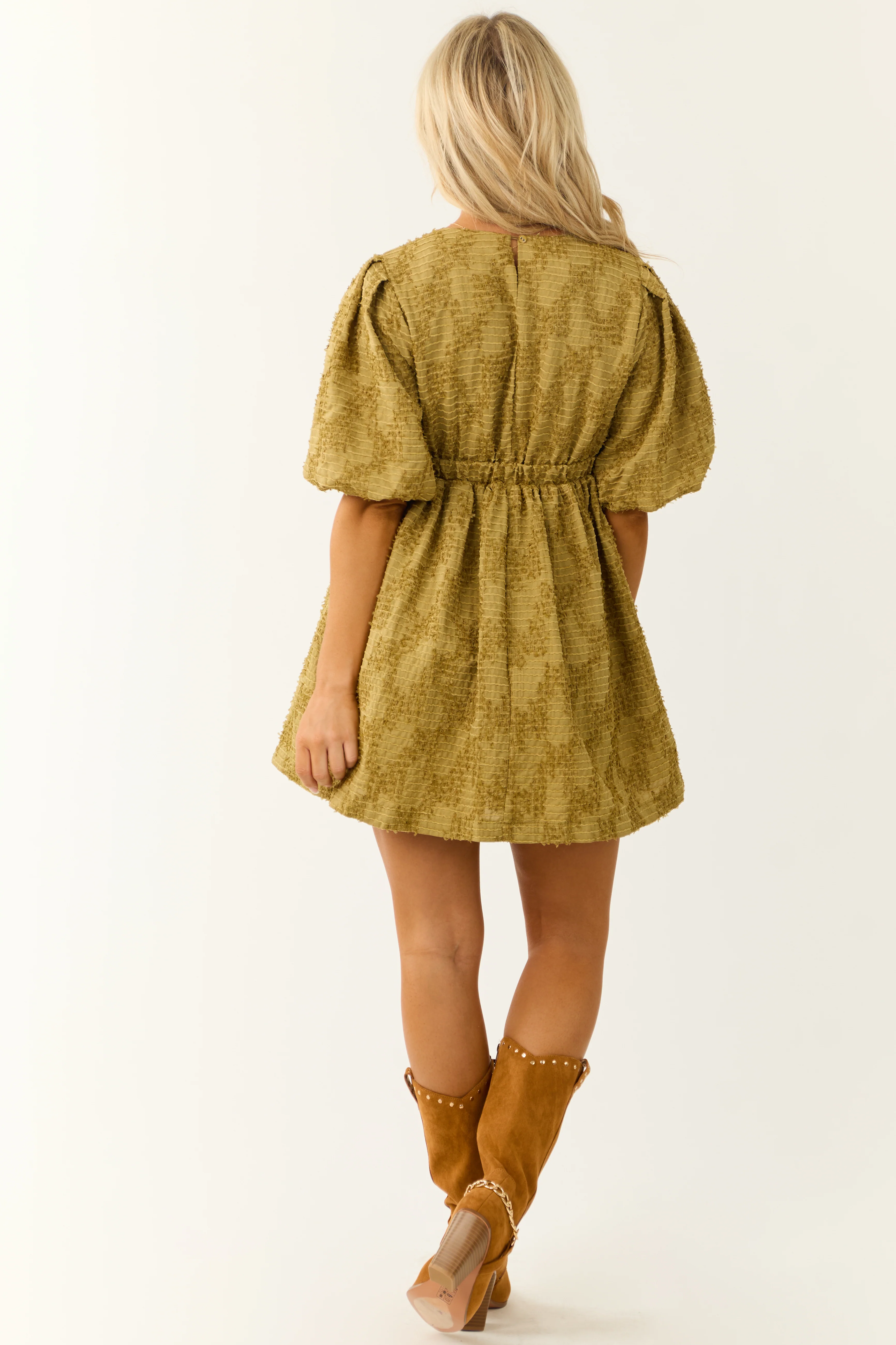 Olive Textured Half Puff Sleeve Mini Dress - Image 7